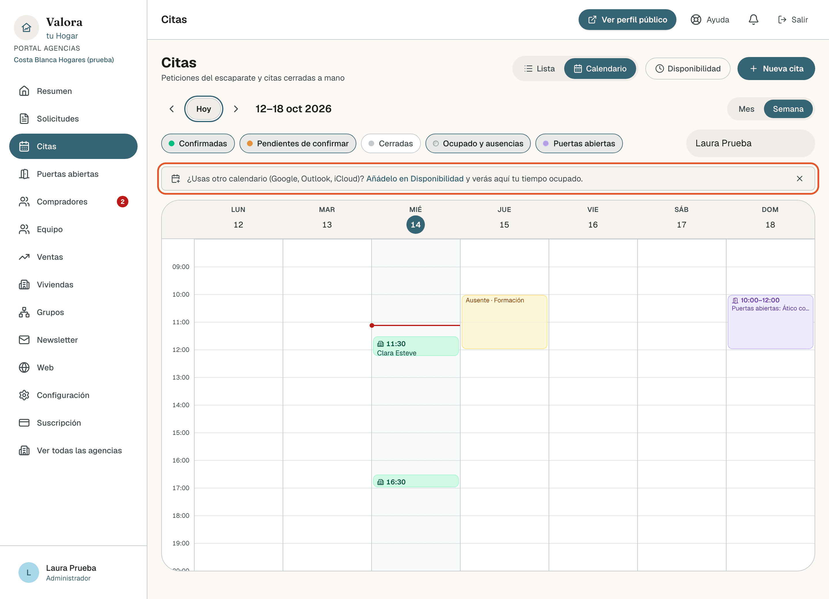 Aviso ¿Usas otro calendario (Google, Outlook, iCloud)? Añádelo en Disponibilidad y verás aquí tu tiempo ocupado, encima de la semana