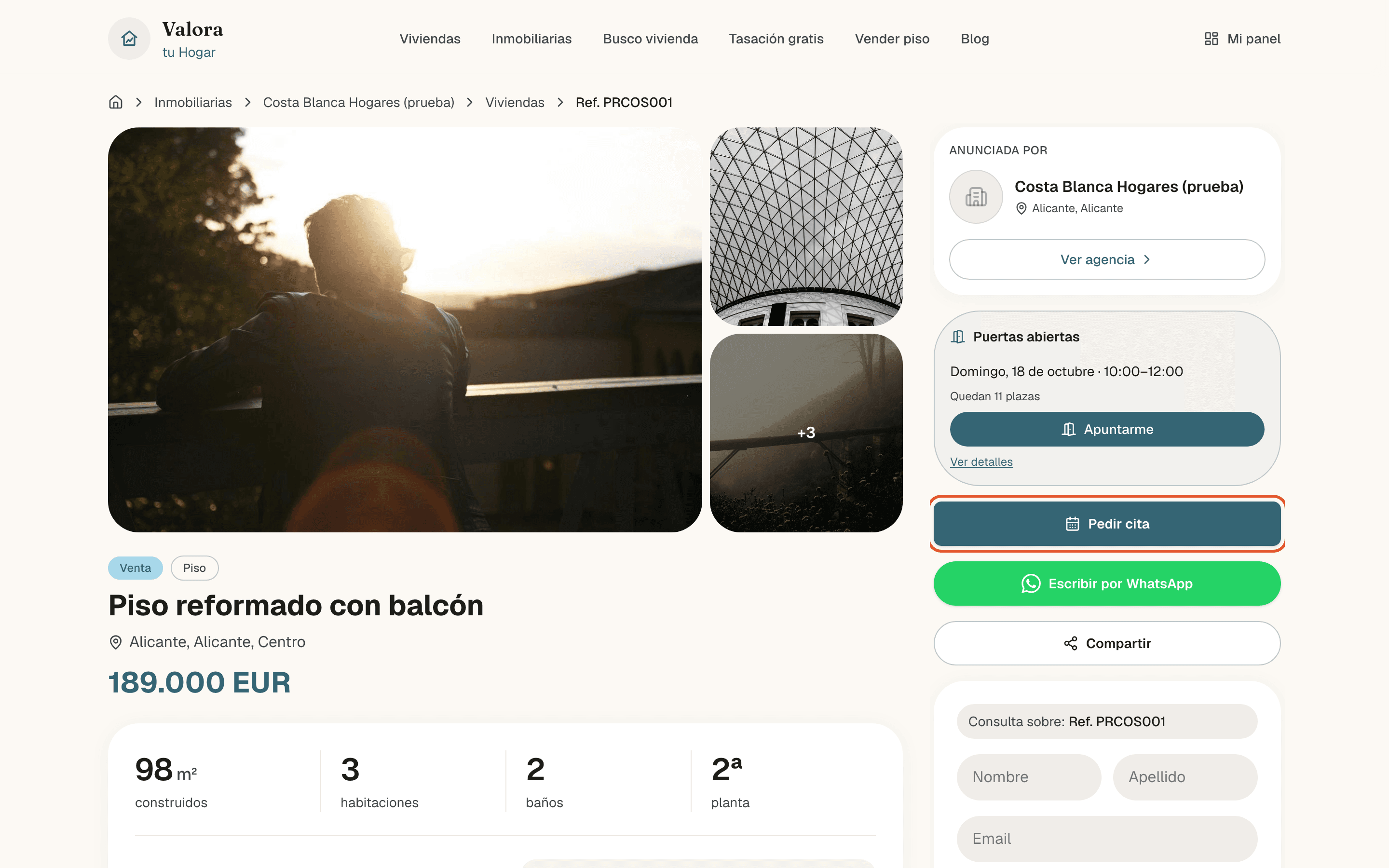 Ficha pública de una vivienda con el botón Pedir cita en la columna de la derecha, entre las puertas abiertas y Escribir por WhatsApp