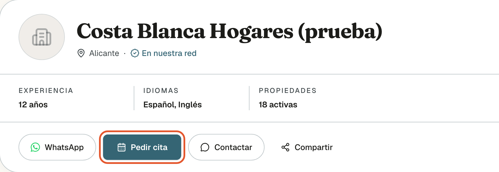 Cabecera del perfil de una agencia con los botones WhatsApp, Pedir cita, Contactar y Compartir