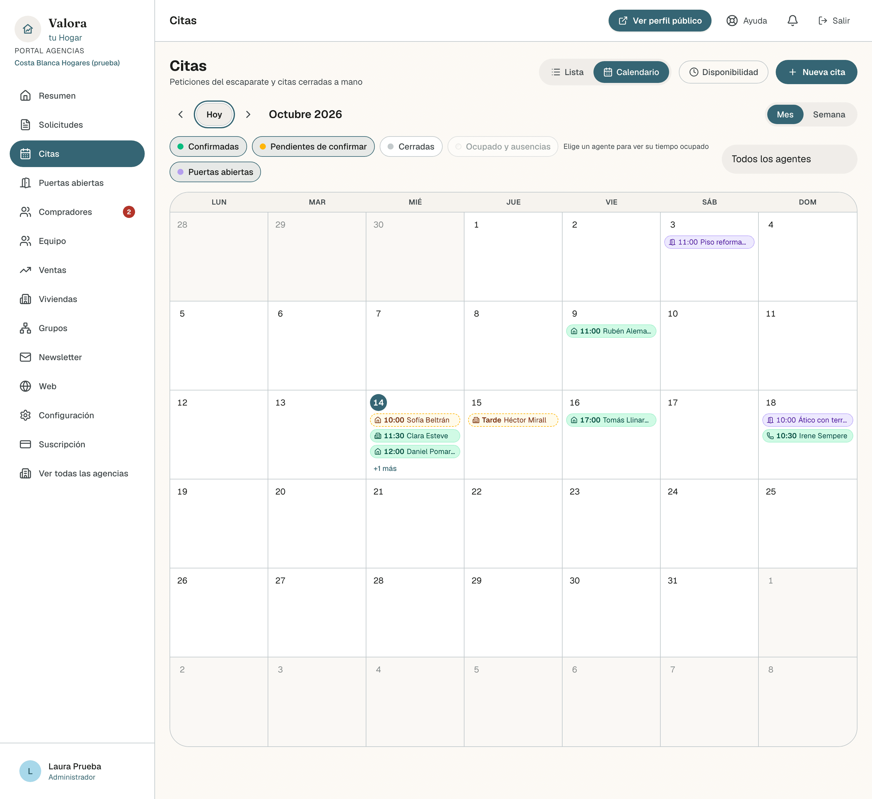 Calendario de Citas en vista Mes con varias citas en un mismo día y el enlace +1 más debajo