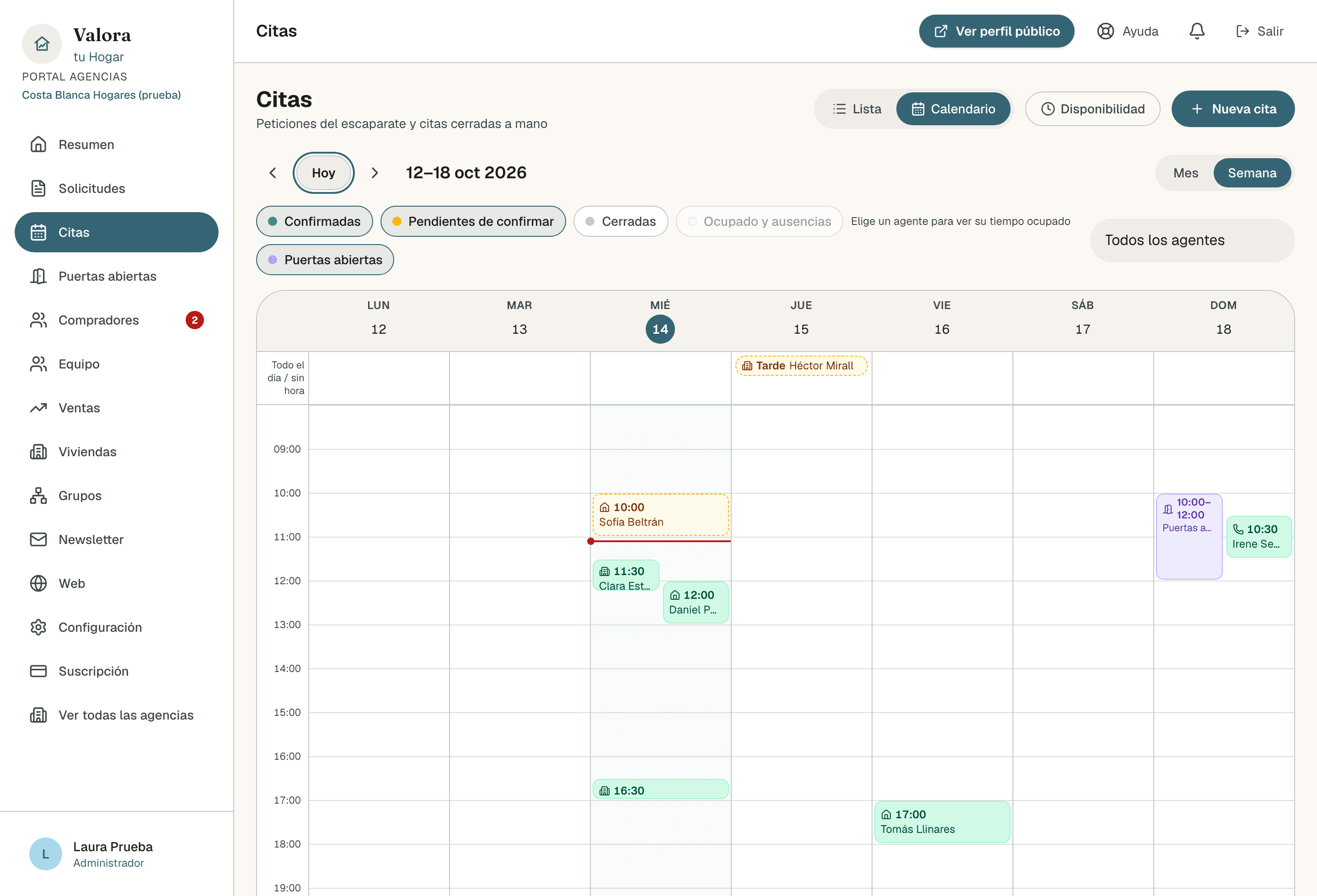 Calendario de Citas en vista Semana con citas confirmadas en verde, una pendiente en ámbar, una petición por la tarde en la fila Todo el día / sin hora y una puerta abierta en violeta