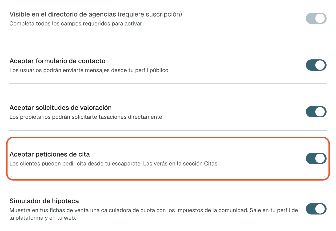 Sección Visibilidad de Configuración con el interruptor Aceptar peticiones de cita encendido