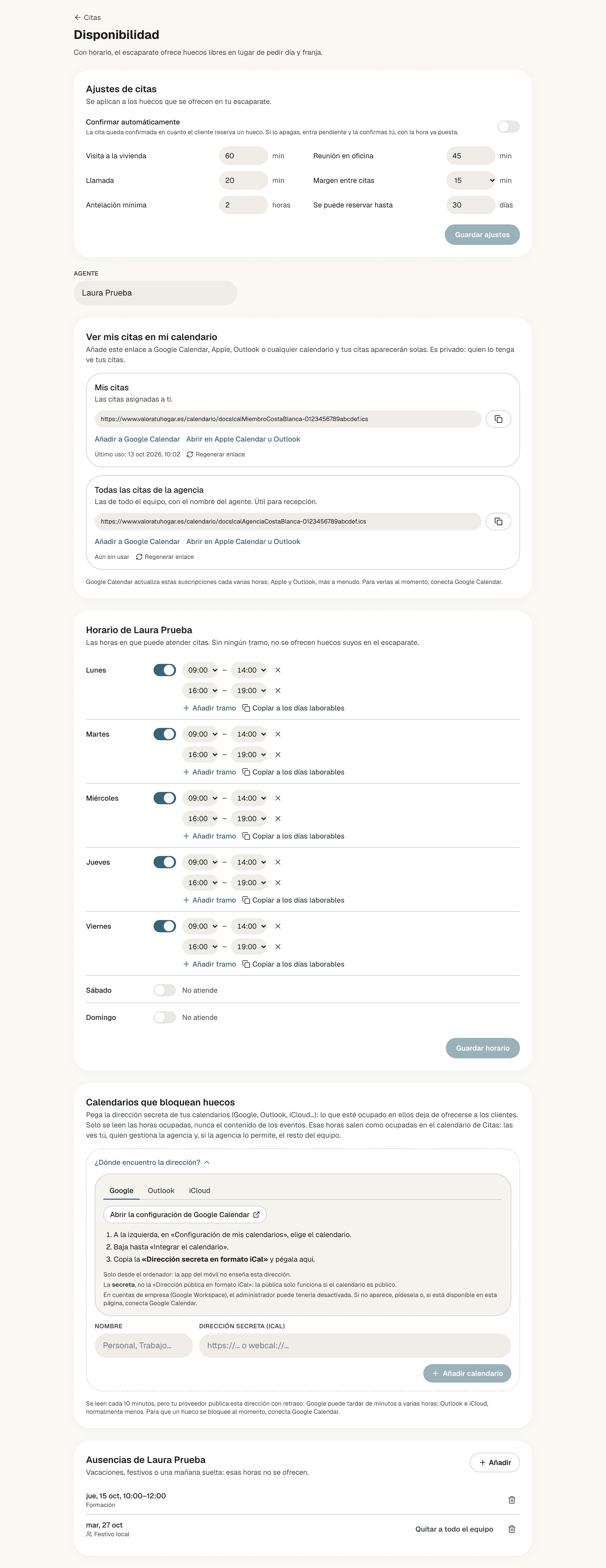 Página Disponibilidad entera: Ajustes de citas, el desplegable Agente, Ver mis citas en mi calendario, Horario de Laura Prueba, Calendarios que bloquean huecos y Ausencias de Laura Prueba