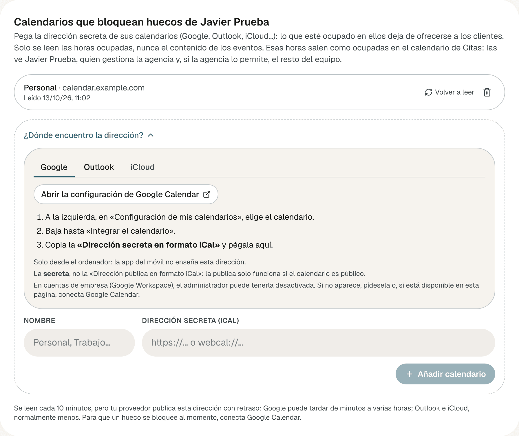 Apartado Calendarios que bloquean huecos de Javier Prueba con un calendario Personal ya leído, la guía ¿Dónde encuentro la dirección? abierta en la pestaña Google, los campos Nombre y Dirección secreta (iCal) y el botón Añadir calendario