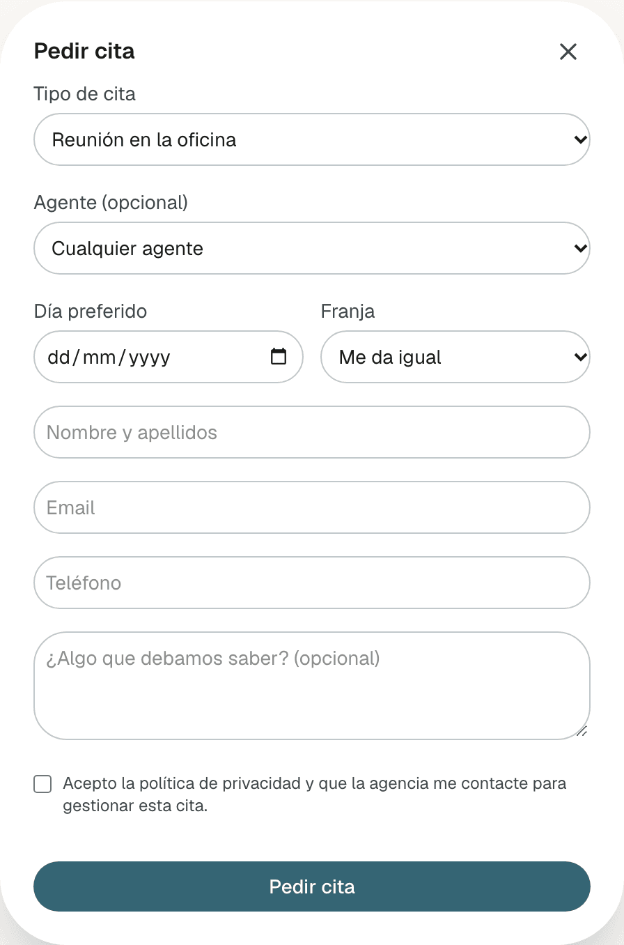Formulario Pedir cita de una agencia sin horarios, con Día preferido y Franja en lugar de la tira de días