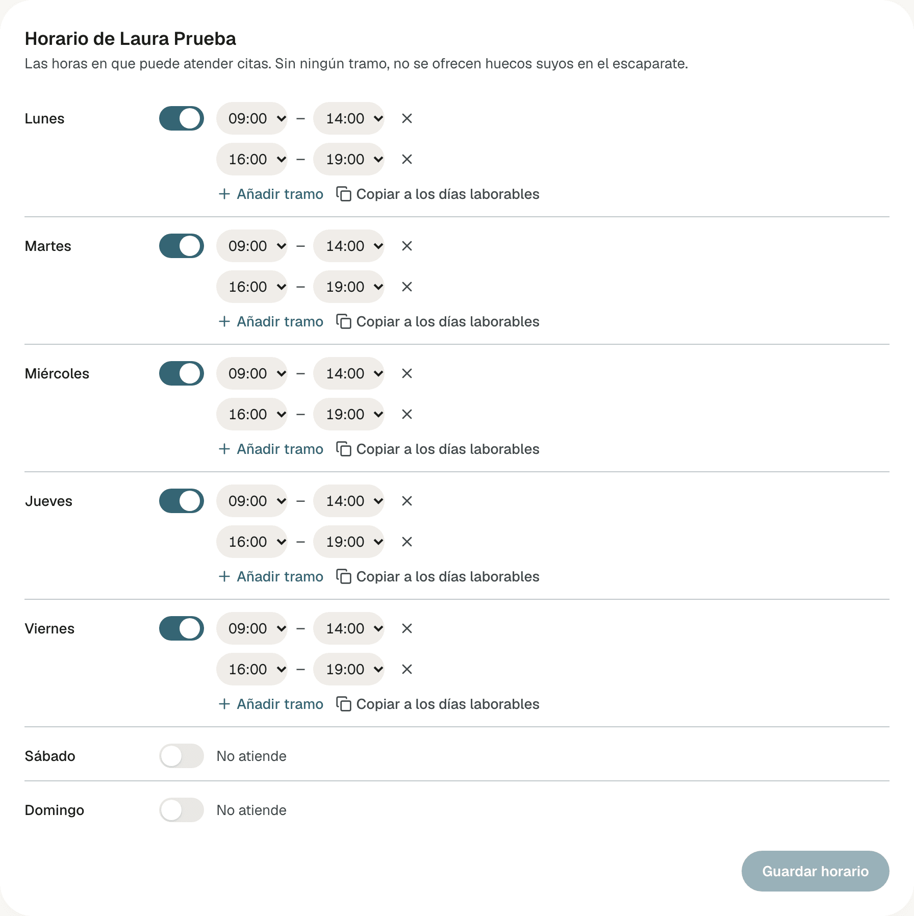 Horario de una persona con dos tramos de lunes a viernes, sábado y domingo en No atiende y el botón Guardar horario