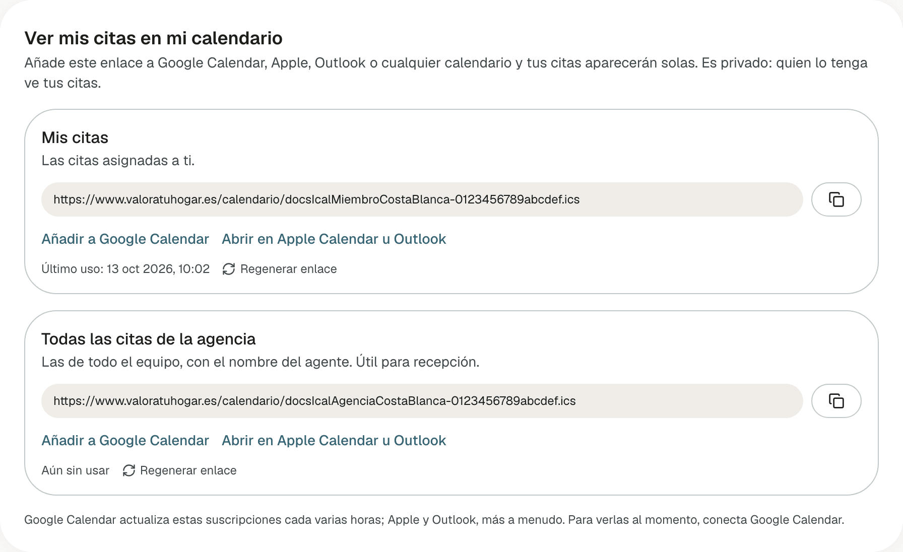Apartado Ver mis citas en mi calendario con dos enlaces ya generados, Mis citas y Todas las citas de la agencia, cada uno con su botón de copiar, Añadir a Google Calendar, Abrir en Apple Calendar u Outlook, la fecha de último uso y Regenerar enlace