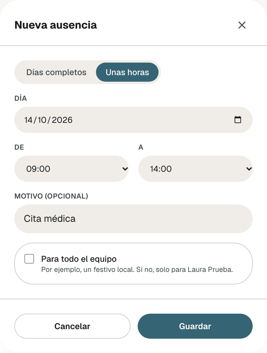 Ventana Nueva ausencia en Unas horas, con Día, De, A, Motivo (opcional) y la casilla Para todo el equipo