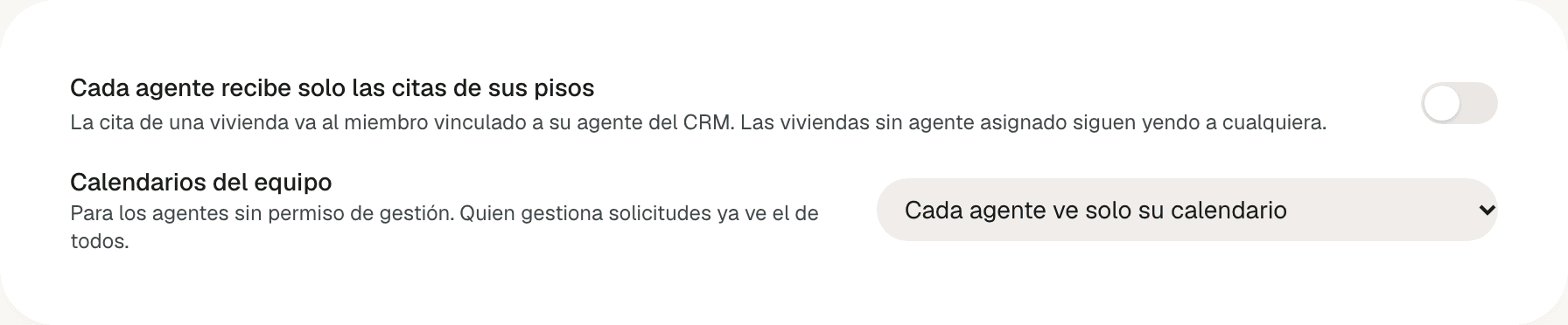 Bloque Reglas del equipo con el interruptor Cada agente recibe solo las citas de sus pisos apagado y el desplegable Calendarios del equipo en Cada agente ve solo su calendario