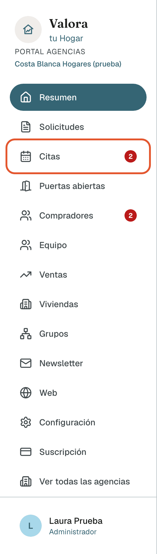 Menú del panel con un 2 en rojo junto a Citas