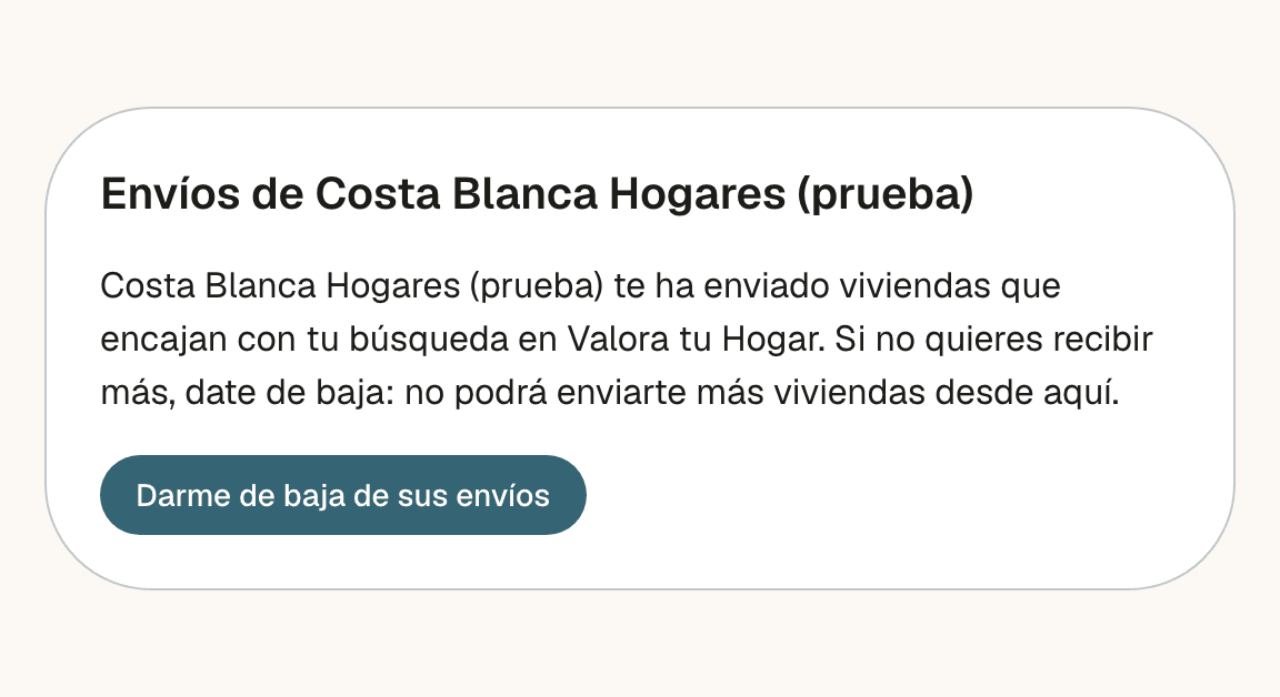 Página pública Envíos de Costa Blanca Hogares (prueba) con la explicación y el botón Darme de baja de sus envíos