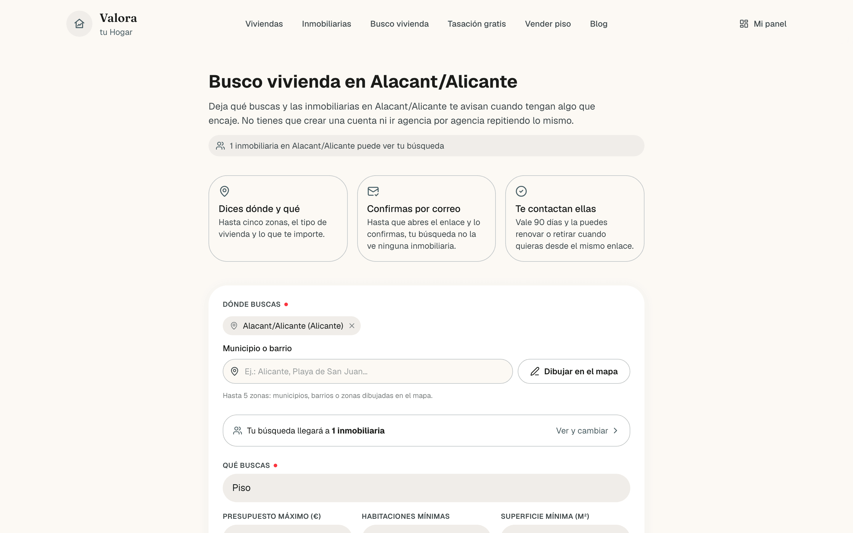 Página pública Busco vivienda en Alacant/Alicante con el formulario: zonas, tipo de vivienda, presupuesto, habitaciones y superficie