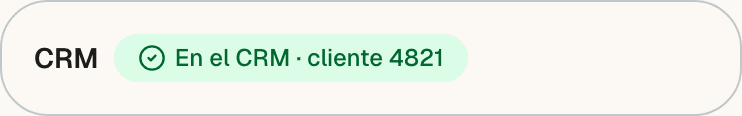Bloque CRM con la etiqueta verde En el CRM, cliente 4821