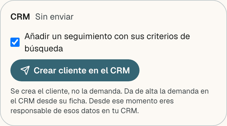 Bloque CRM de la ficha de un comprador en estado Sin enviar, con la casilla del seguimiento marcada y el botón Crear cliente en el CRM