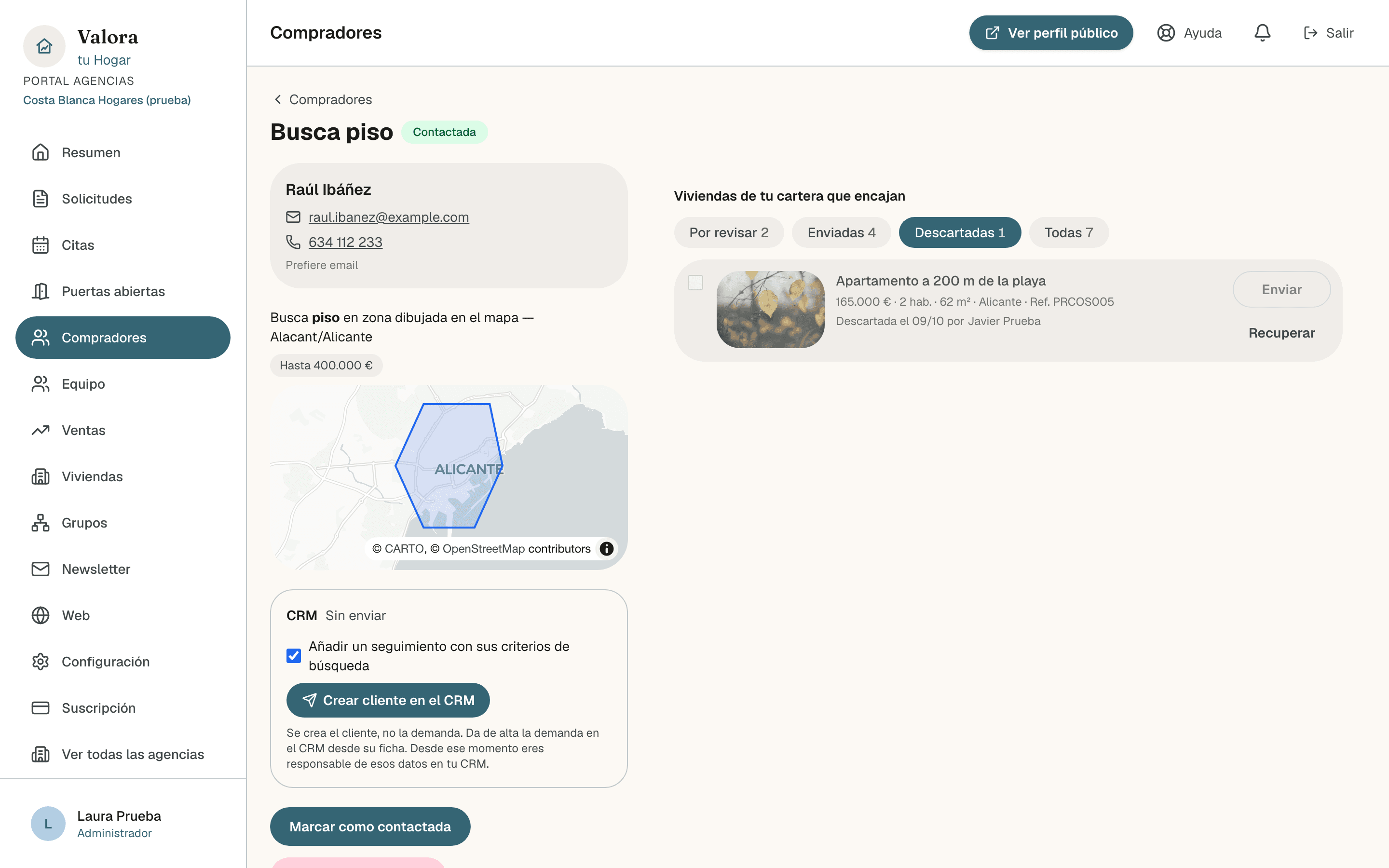 Pestaña Descartadas de la ficha de un comprador con una vivienda descartada y el botón Recuperar