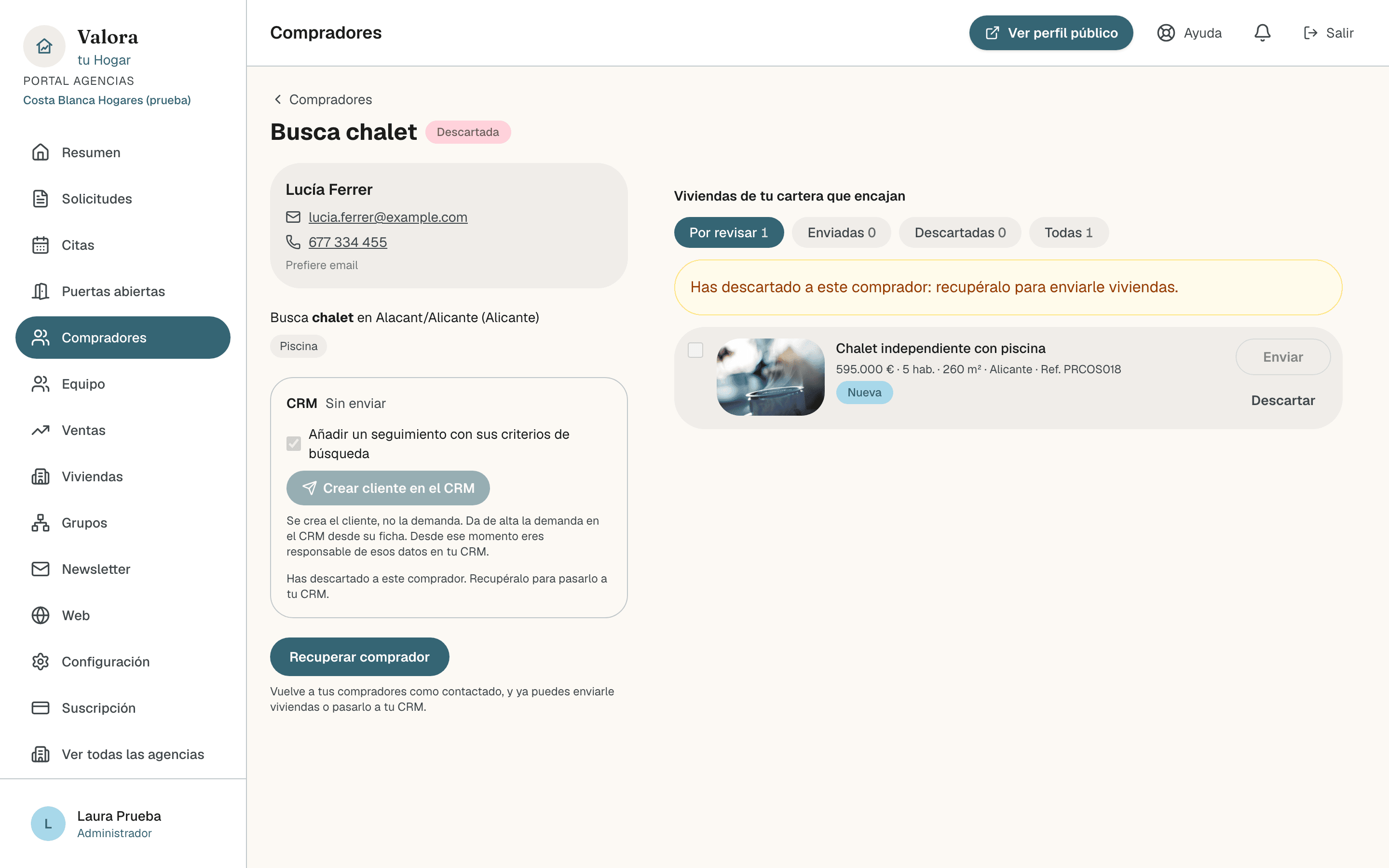 Ficha de un comprador descartado, con el estado Descartada, el botón Recuperar comprador y, a la derecha, el aviso de que hay que recuperarlo para enviarle viviendas