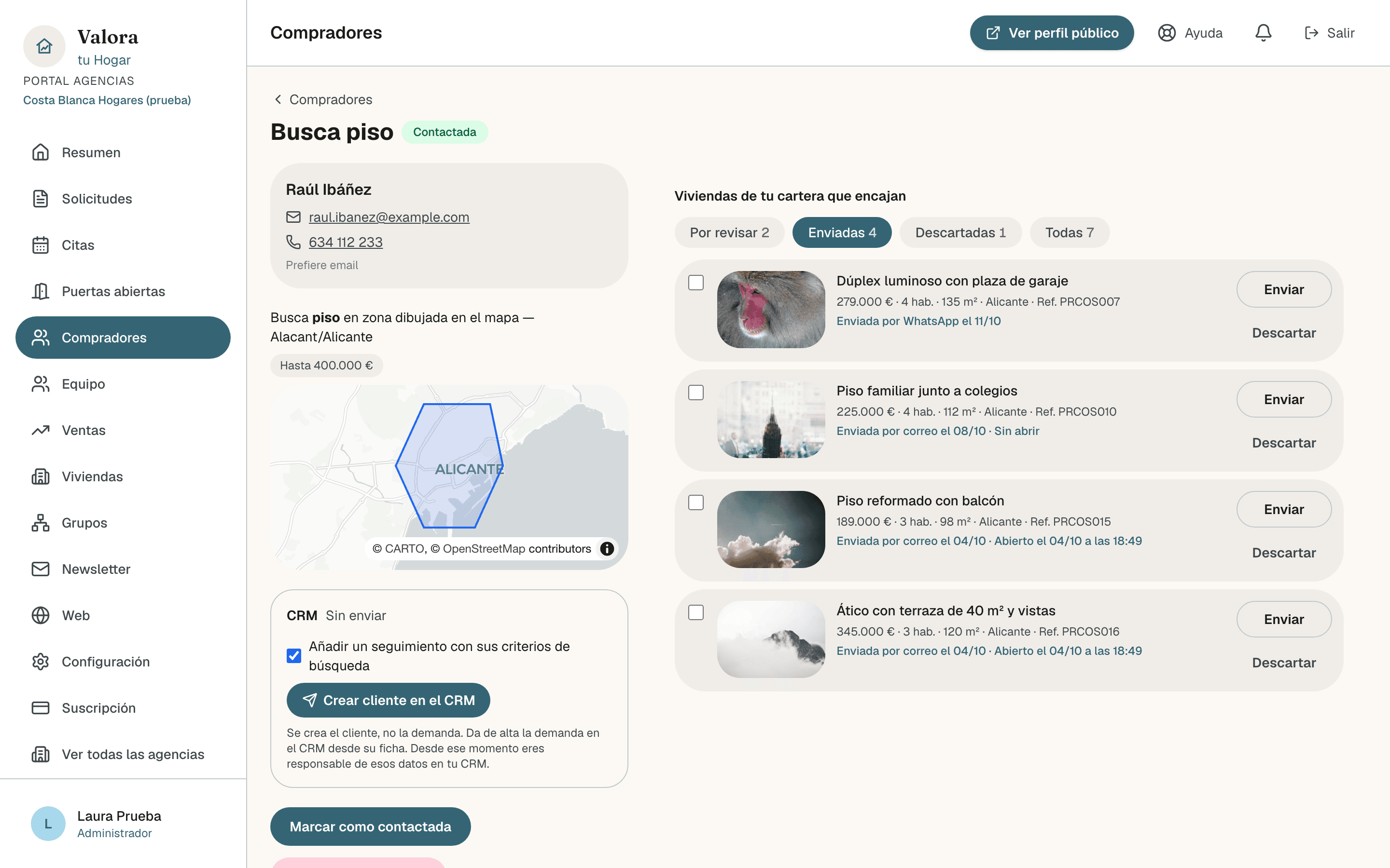 Pestaña Enviadas de la ficha de un comprador con cuatro viviendas: una enviada por WhatsApp, una por correo sin abrir y dos por correo abiertas