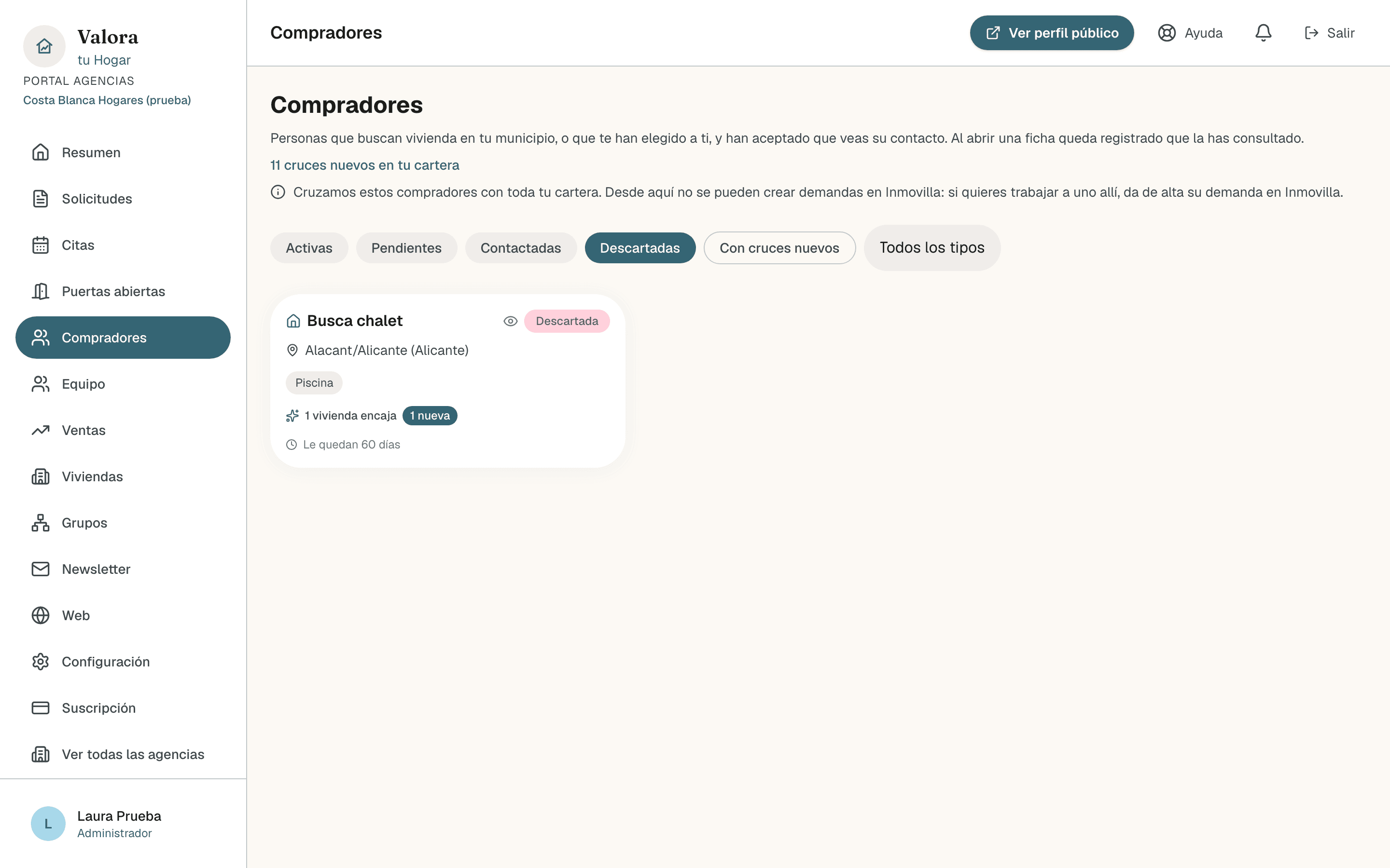 Listado de Compradores con el filtro Descartadas y una tarjeta de una búsqueda de chalet marcada como Descartada