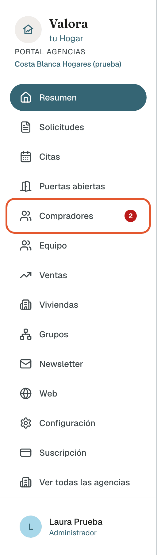 Menú lateral del panel de una agencia con la entrada Compradores y un 2 al lado