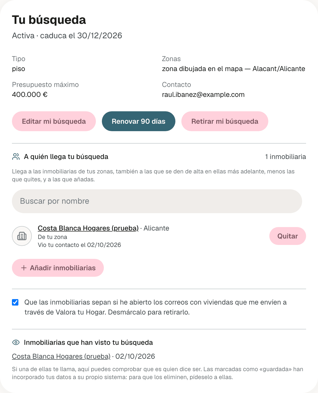 Página Tu búsqueda de un comprador: criterios, botones Editar, Renovar 90 días y Retirar, la lista A quién llega tu búsqueda con una agencia que vio su contacto, la casilla del seguimiento de aperturas y la lista Inmobiliarias que han visto tu búsqueda