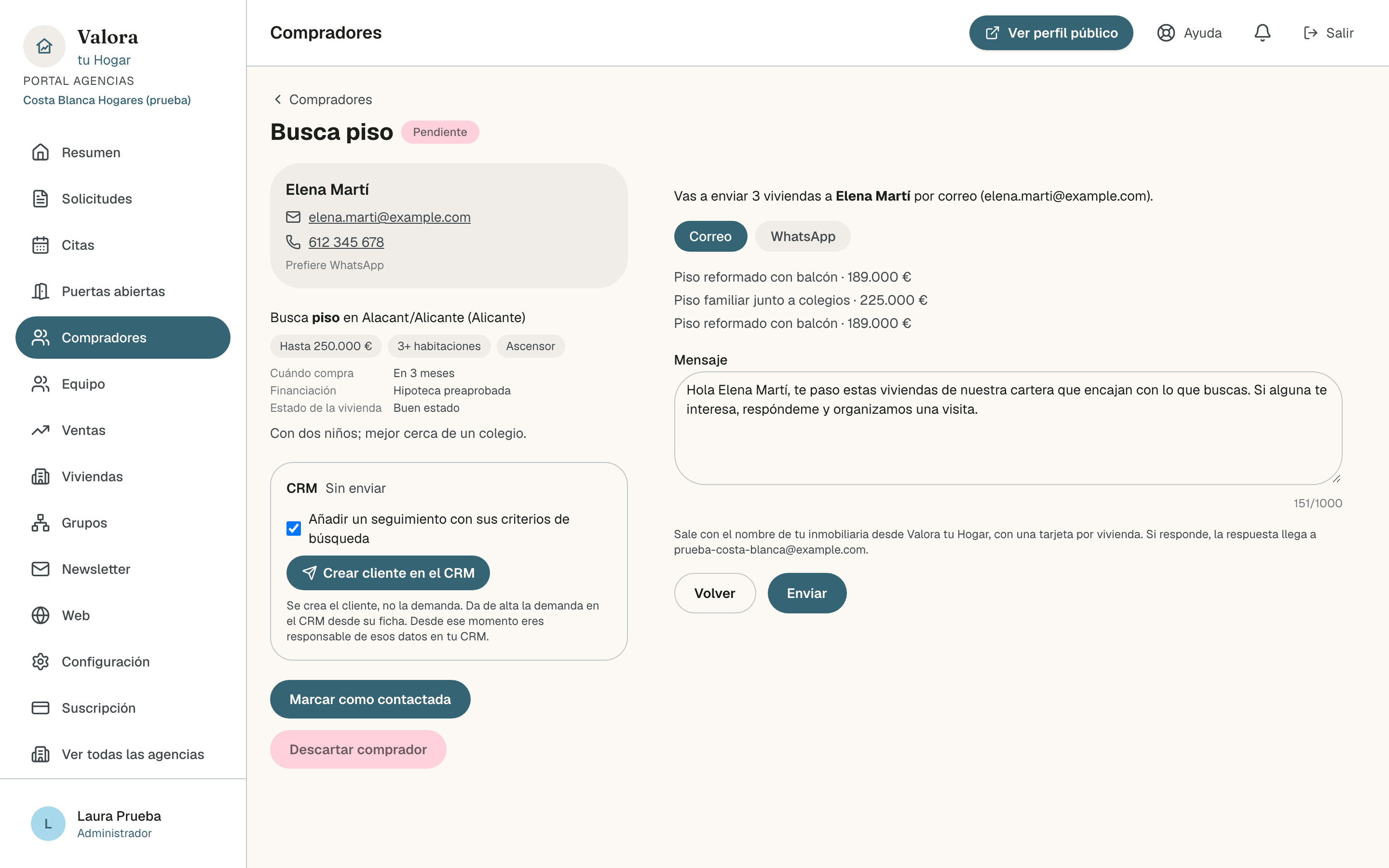 Redacción de un envío por correo de tres viviendas, con el mensaje ya escrito, el contador de caracteres, el aviso de adónde llega la respuesta y los botones Volver y Enviar