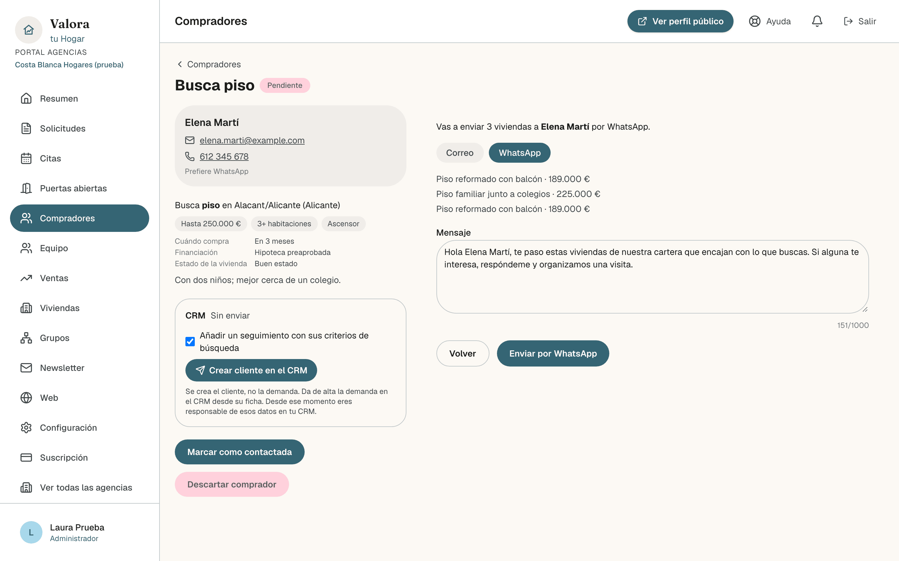 Redacción del mismo envío por WhatsApp, con el mensaje y el botón Enviar por WhatsApp