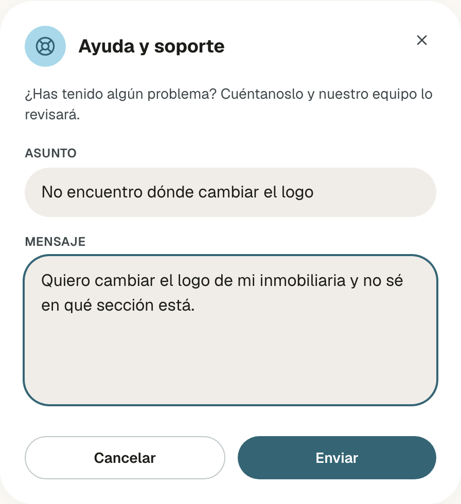 Ventana Ayuda y soporte con un asunto y un mensaje escritos, y los botones Cancelar y Enviar