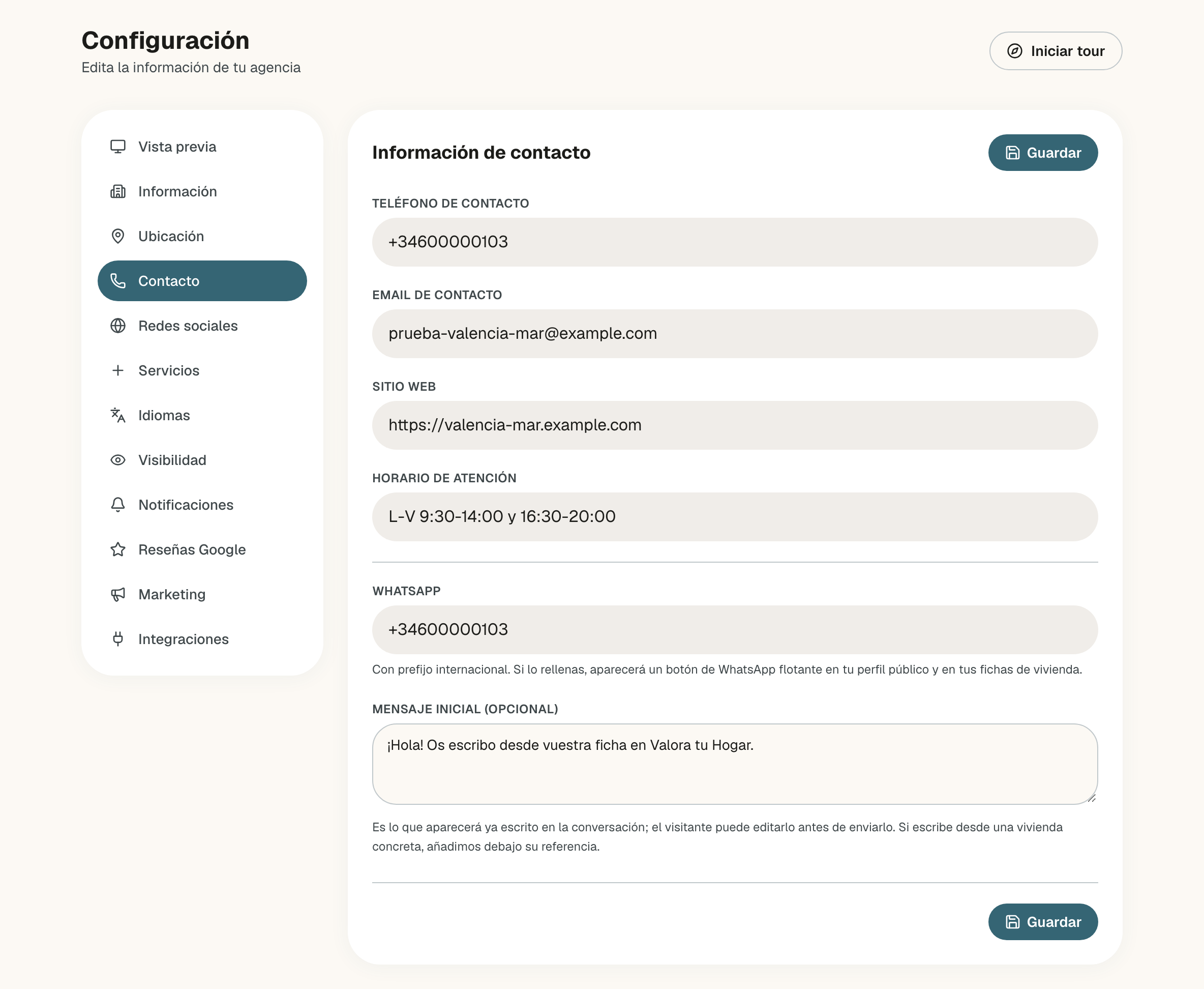 Información de contacto con el teléfono, el email de contacto, el sitio web, el horario de atención, el WhatsApp y el mensaje inicial de WhatsApp