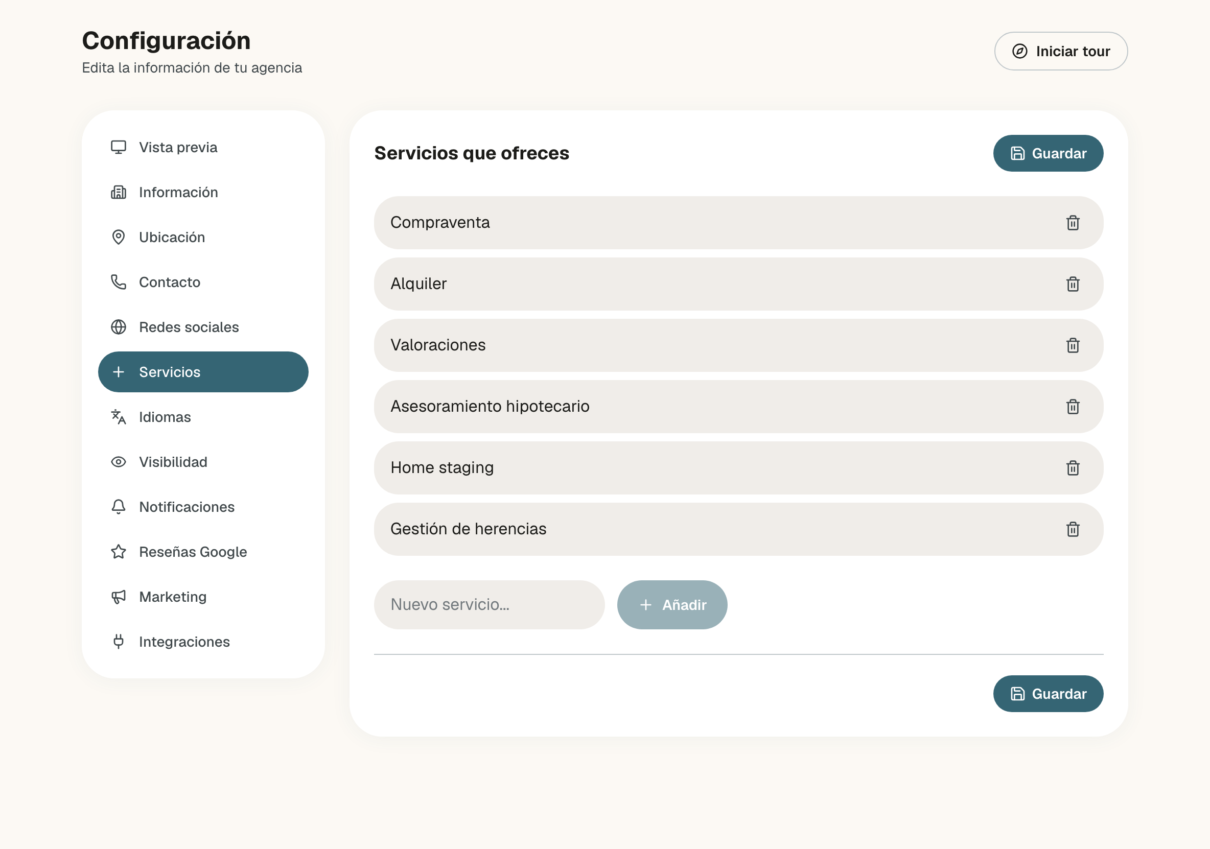 Servicios que ofreces con seis servicios en lista, cada uno con su papelera, y debajo el campo Nuevo servicio con el botón Añadir
