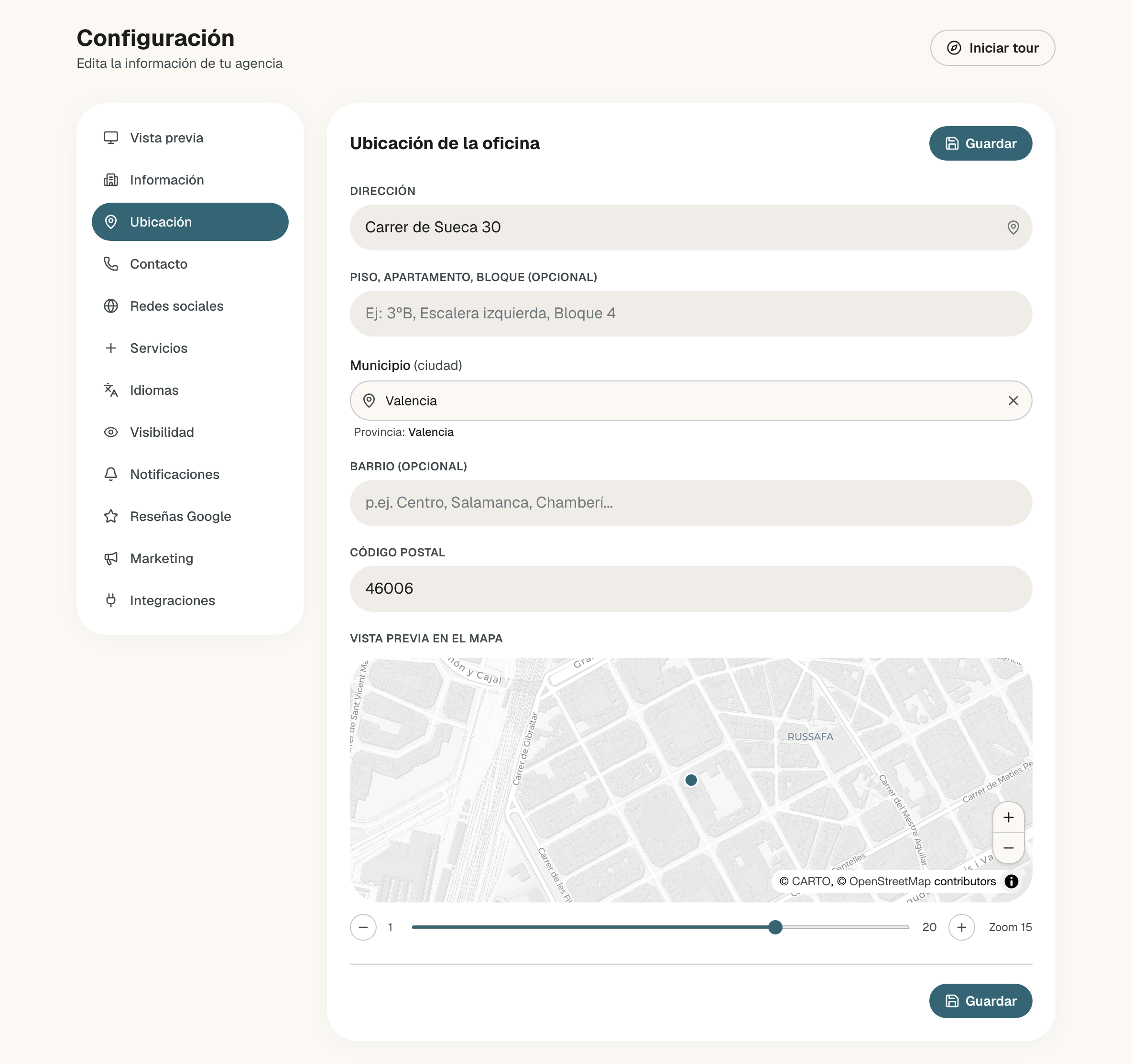 Ubicación de la oficina con la dirección, el piso vacío, el municipio Valencia con su provincia debajo, el barrio vacío, el código postal y la vista previa en el mapa con el punto de la oficina y el control de zoom