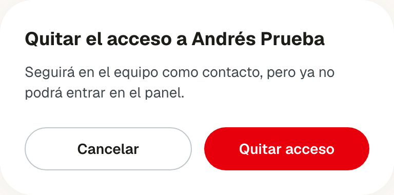 Confirmación Quitar el acceso a Andrés Prueba con el texto Seguirá en el equipo como contacto, pero ya no podrá entrar en el panel, y los botones Cancelar y Quitar acceso