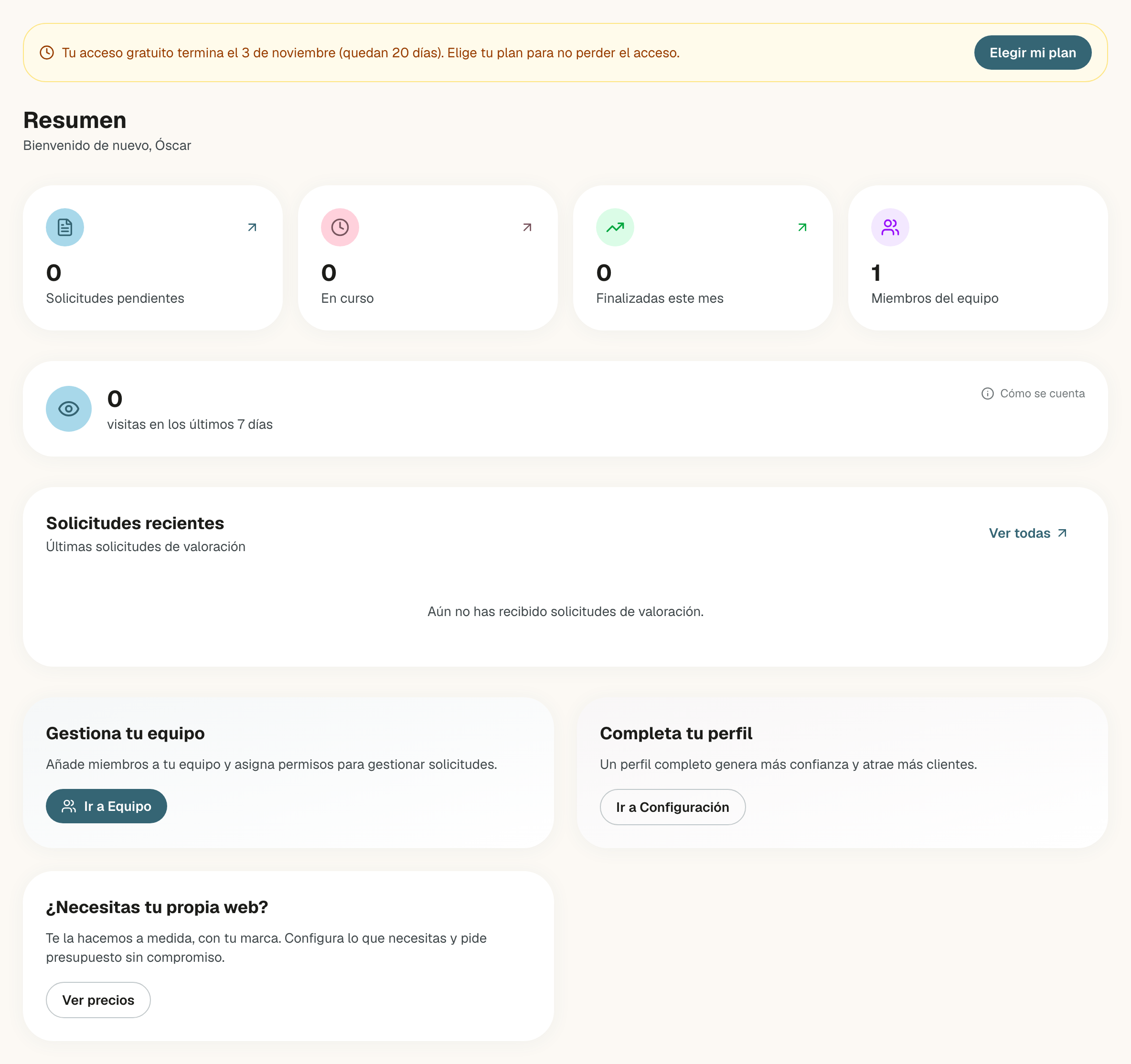 Resumen del panel con el aviso ámbar Tu acceso gratuito termina el día indicado, los días que quedan y el botón Elegir mi plan