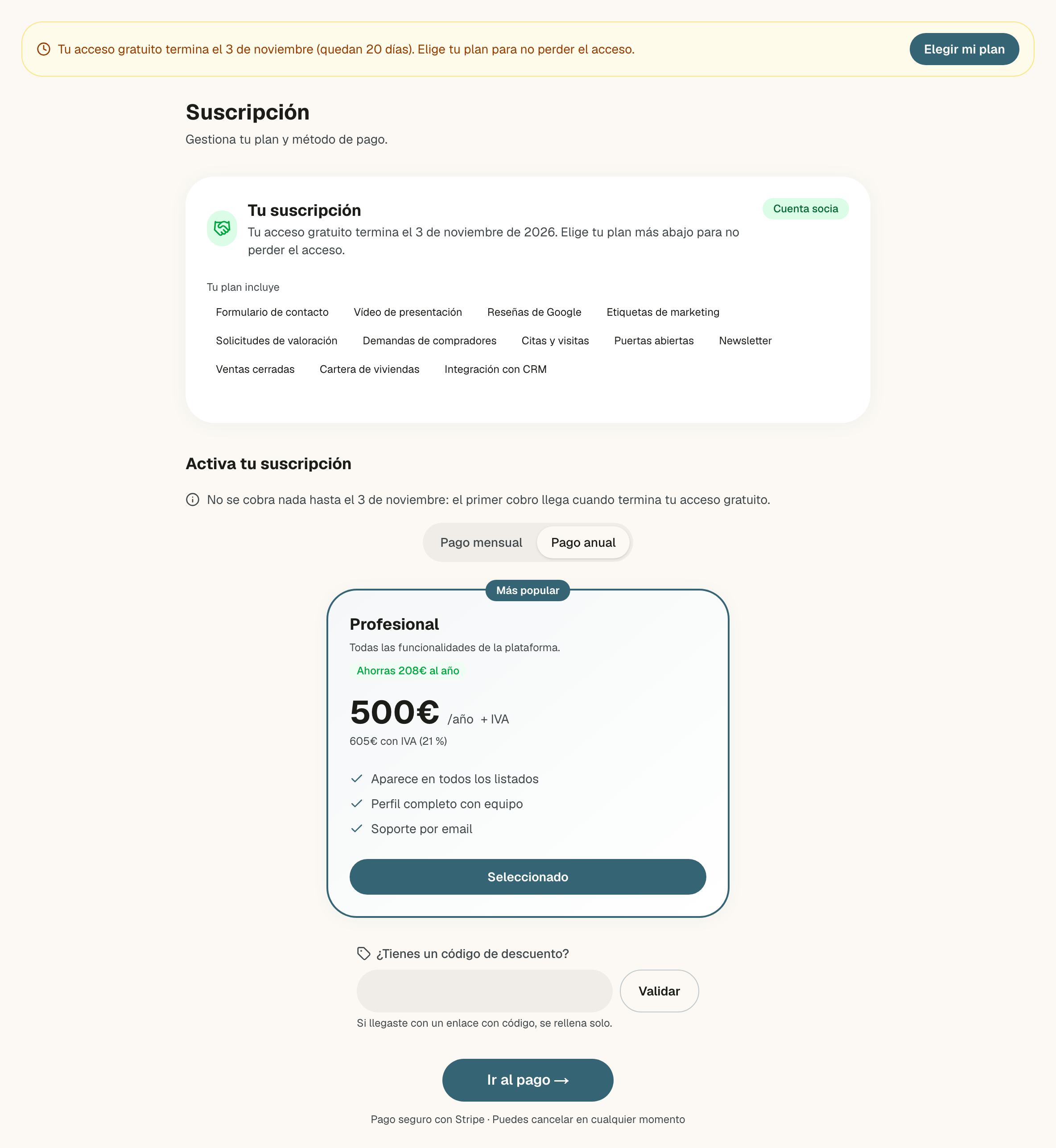 Página Suscripción de una cuenta socia en gracia: la tarjeta con la fecha de fin del acceso gratuito, la lista Tu plan incluye y debajo Activa tu suscripción con el aviso de que no se cobra nada hasta esa fecha y los planes