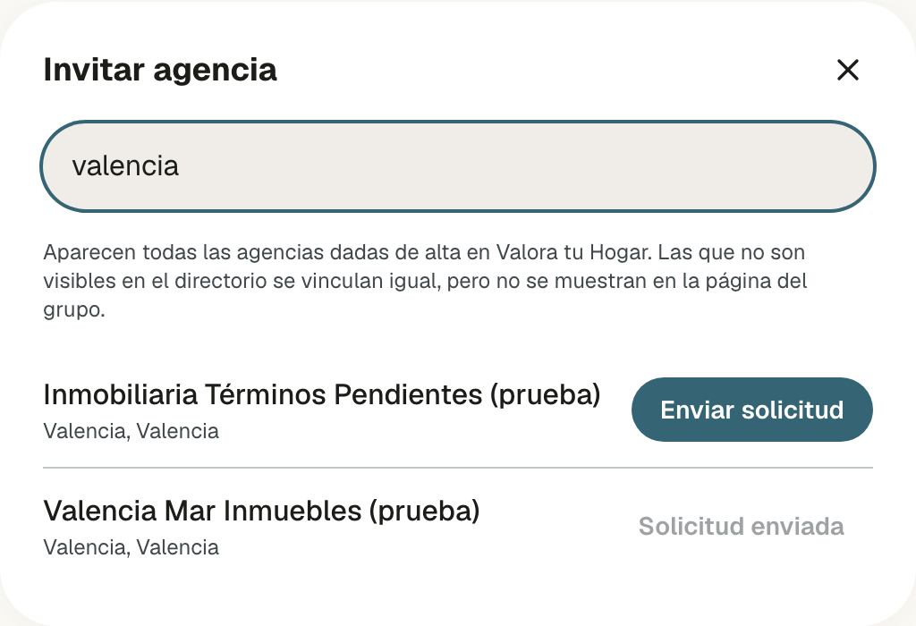 Ventana Invitar agencia buscando valencia, con una agencia con Enviar solicitud y otra con Solicitud enviada