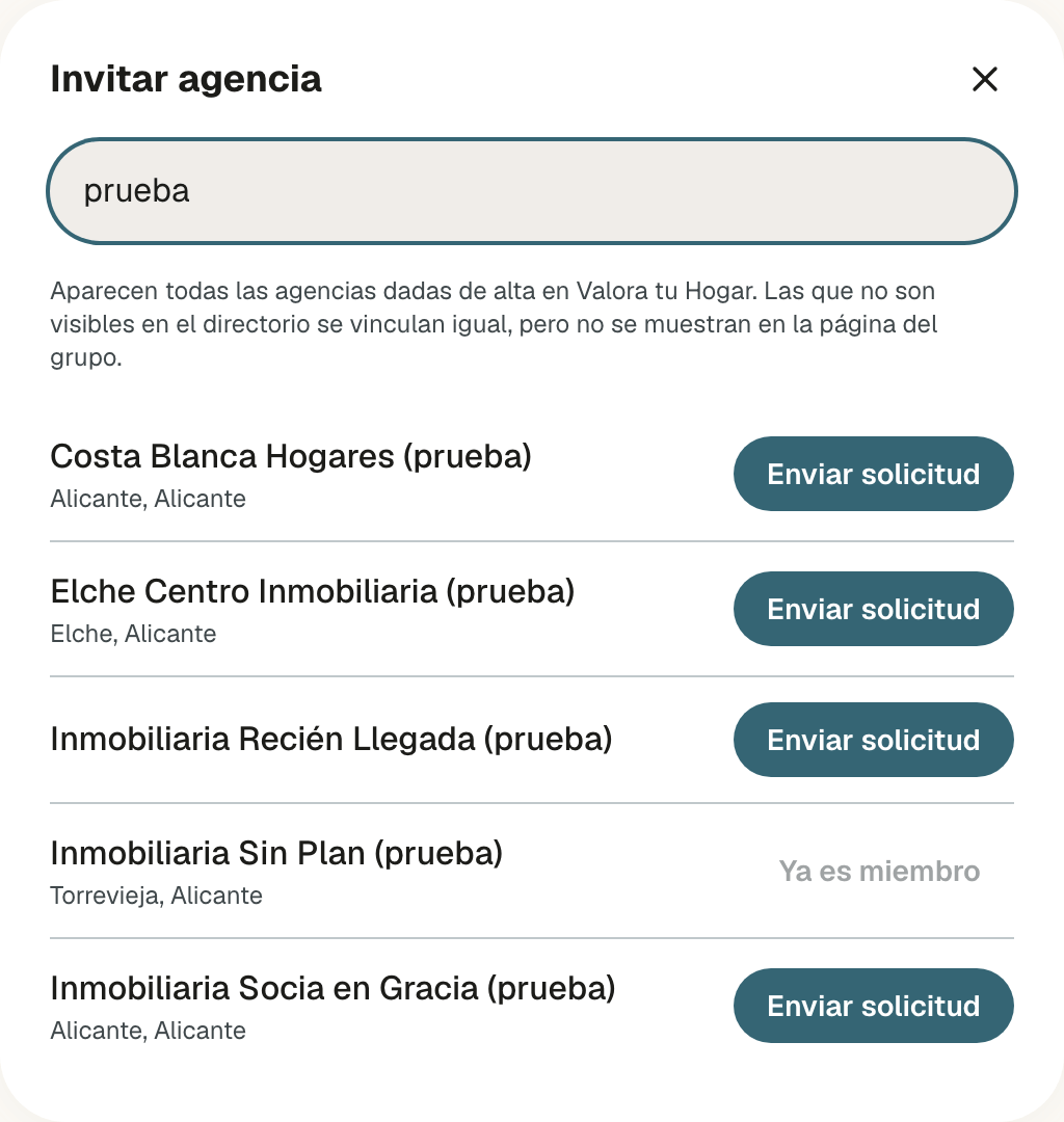 Ventana Invitar agencia buscando prueba, con varias agencias con el botón Enviar solicitud y una con Ya es miembro