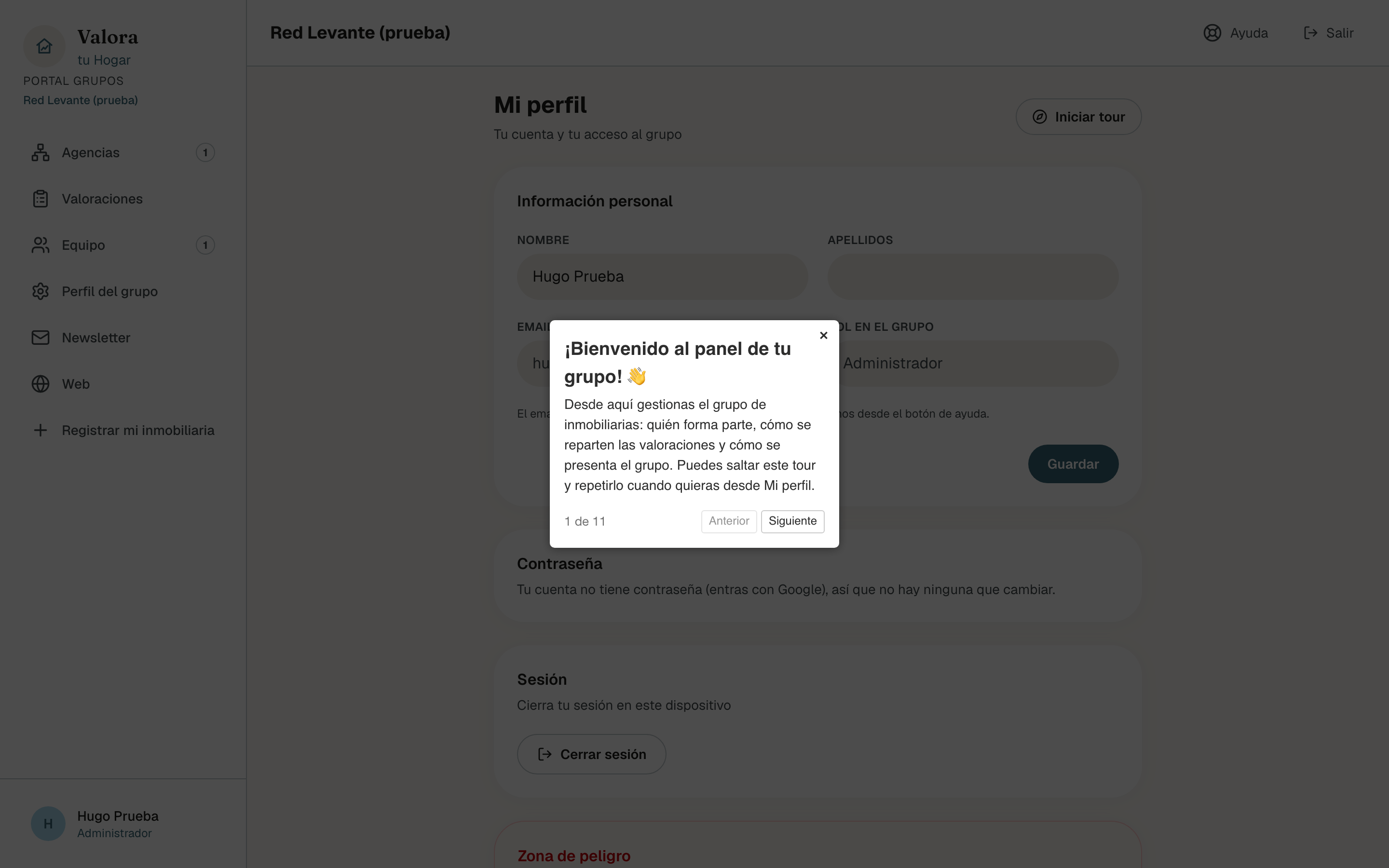 Primer paso del tour del grupo, ¡Bienvenido al panel de tu grupo!, sobre la página Mi perfil del grupo, con el contador de pasos y los botones Anterior y Siguiente