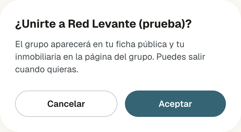 Ventana ¿Unirte a Red Levante (prueba)? con el texto de lo que cambia y los botones Cancelar y Aceptar
