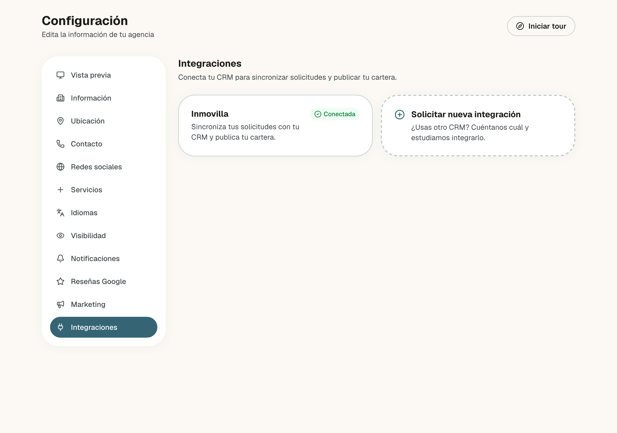 Integraciones, «Conecta tu CRM para sincronizar solicitudes y publicar tu cartera», con la tarjeta de Inmovilla marcada como Conectada y la tarjeta Solicitar nueva integración