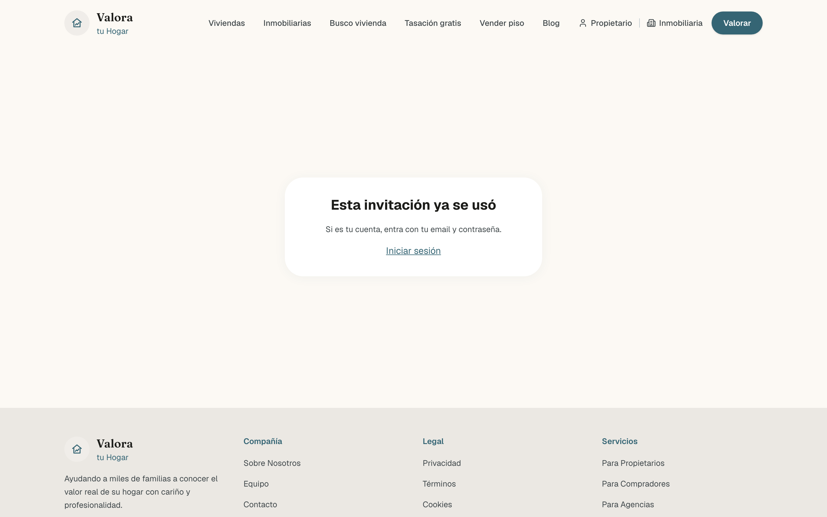 Página Esta invitación ya se usó con el texto Si es tu cuenta, entra con tu email y contraseña y el enlace Iniciar sesión