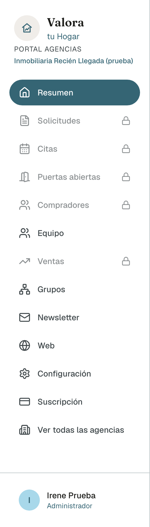 Menú lateral de una agencia recién registrada con candado en Solicitudes, Citas, Puertas abiertas, Compradores y Ventas