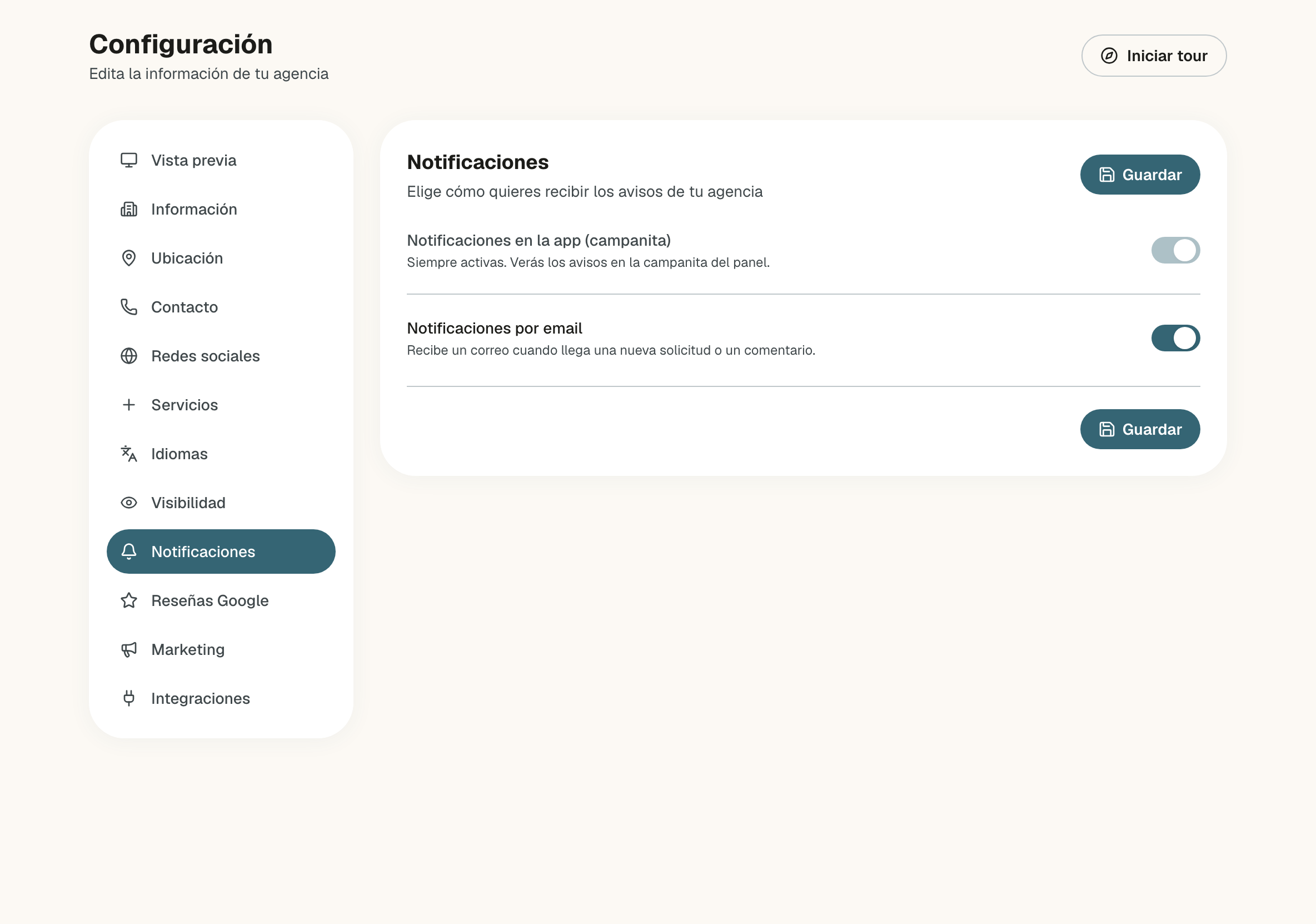 Notificaciones con Notificaciones en la app (campanita) encendido en gris, sin poder cambiarse, y Notificaciones por email encendido