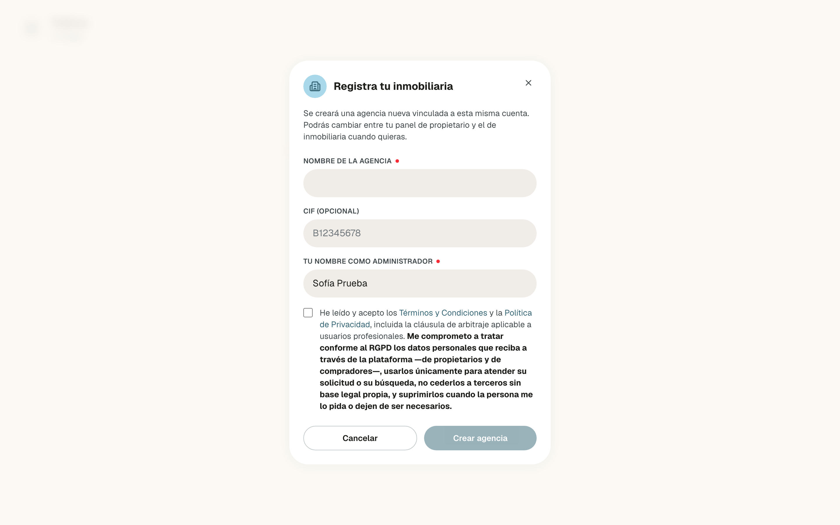 Ventana Registra tu inmobiliaria con el nombre de la agencia, el CIF opcional, el nombre del administrador y la casilla de condiciones sin marcar