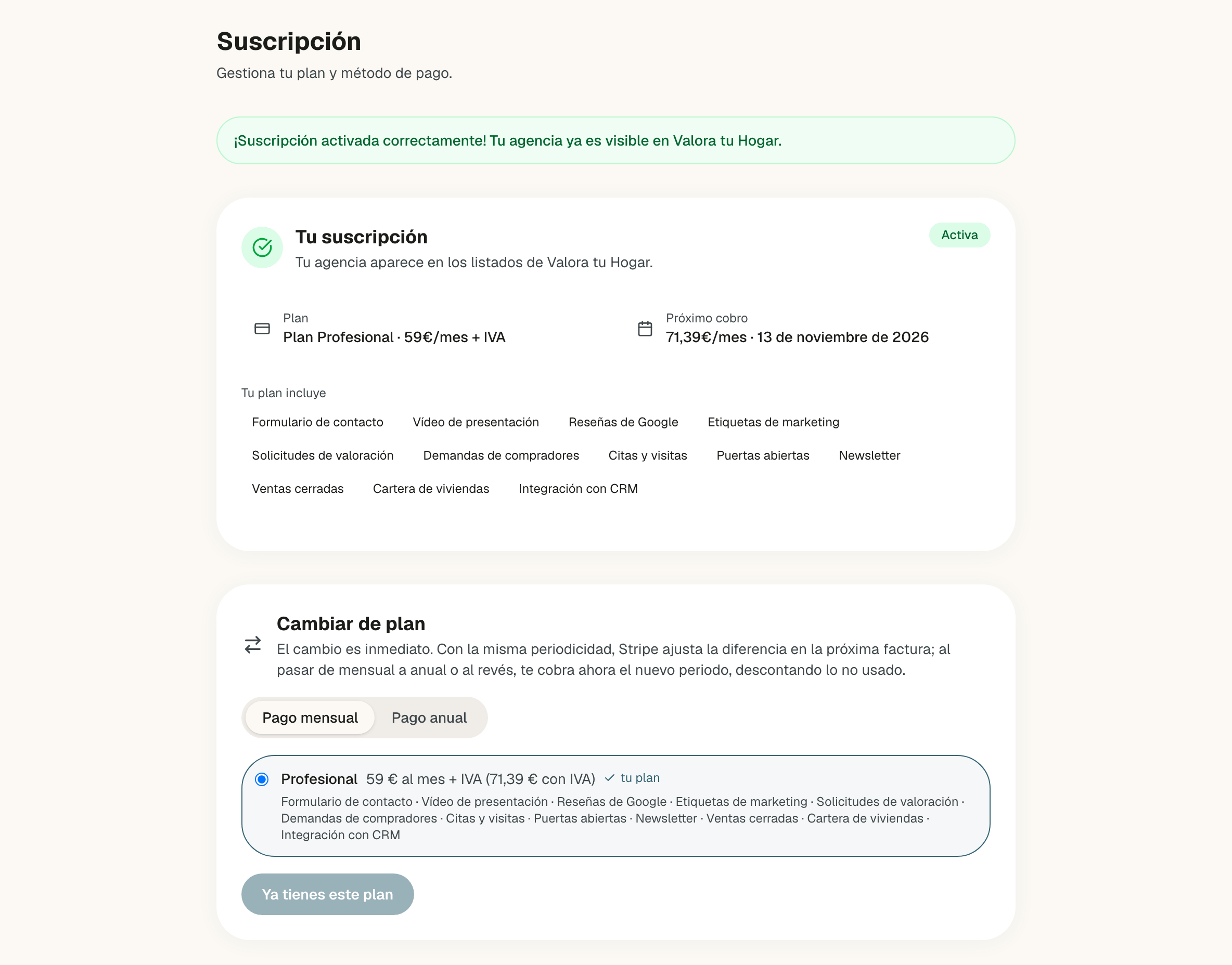 Página Suscripción con el aviso verde Suscripción activada correctamente y la tarjeta Tu suscripción con la insignia Activa, el plan, el próximo cobro y lo que incluye el plan