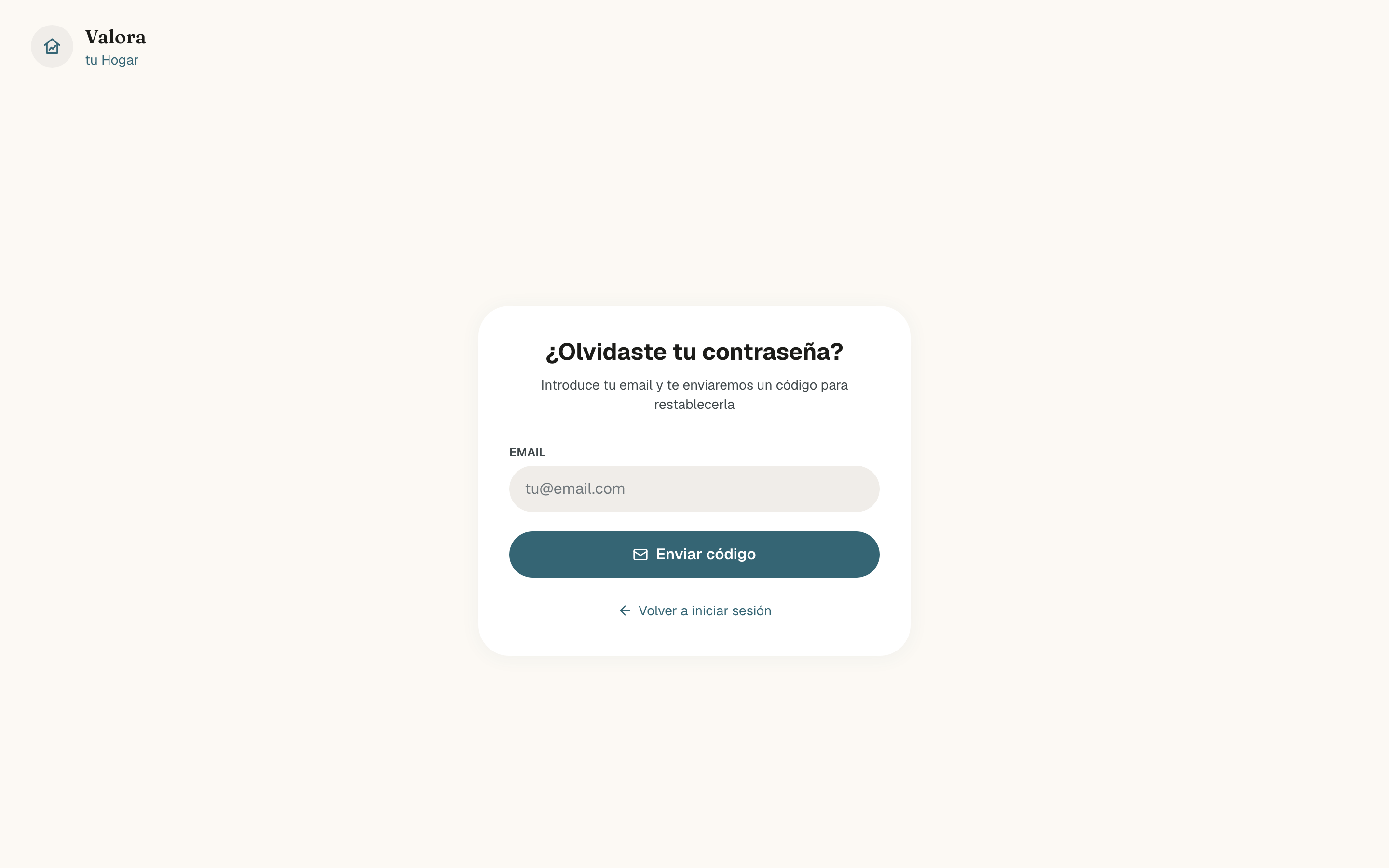 Página ¿Olvidaste tu contraseña? con el campo Email, el botón Enviar código y el enlace Volver a iniciar sesión
