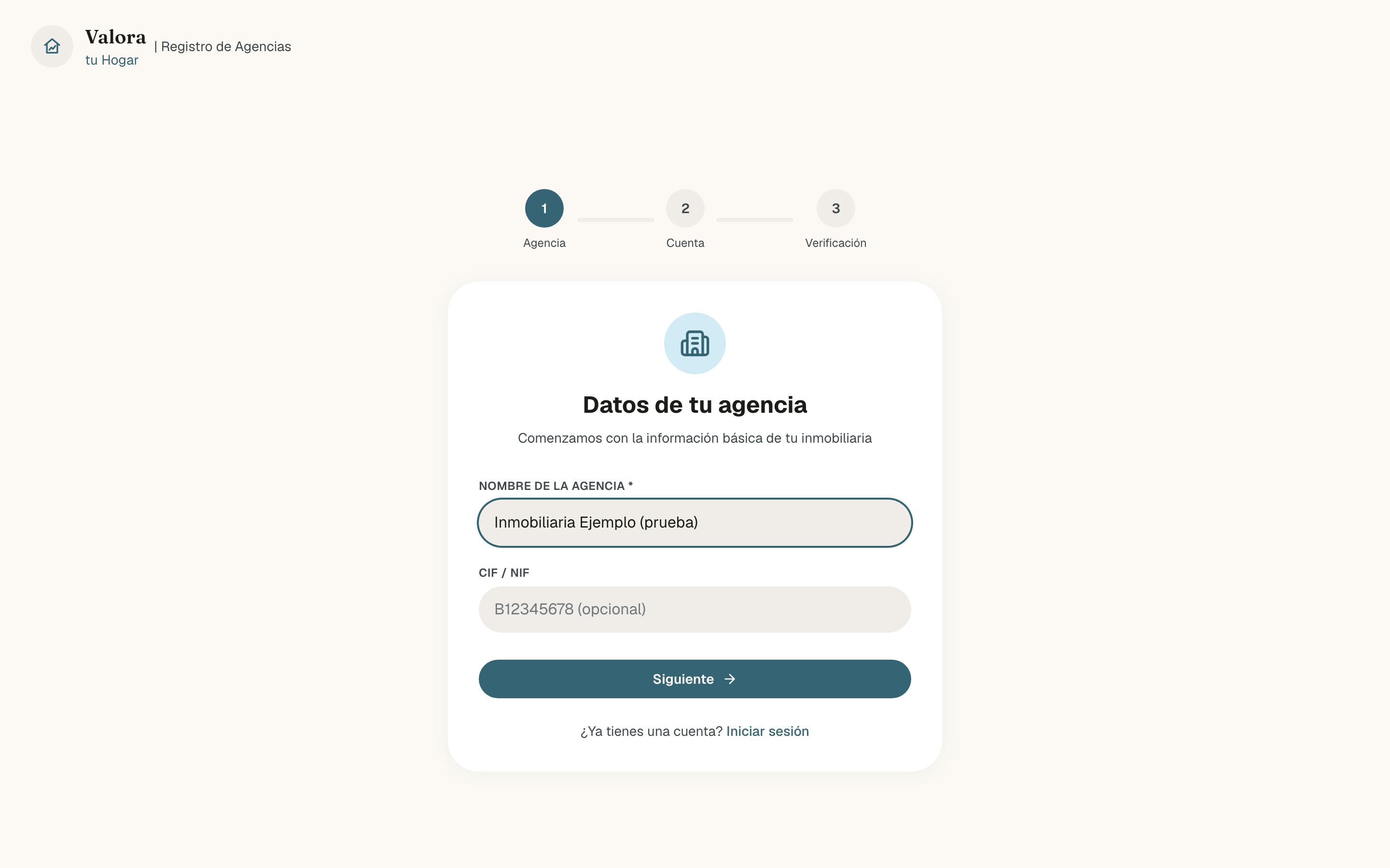 Paso Datos de tu agencia del registro, con el indicador Agencia, Cuenta y Verificación, el nombre de la agencia escrito y el CIF vacío