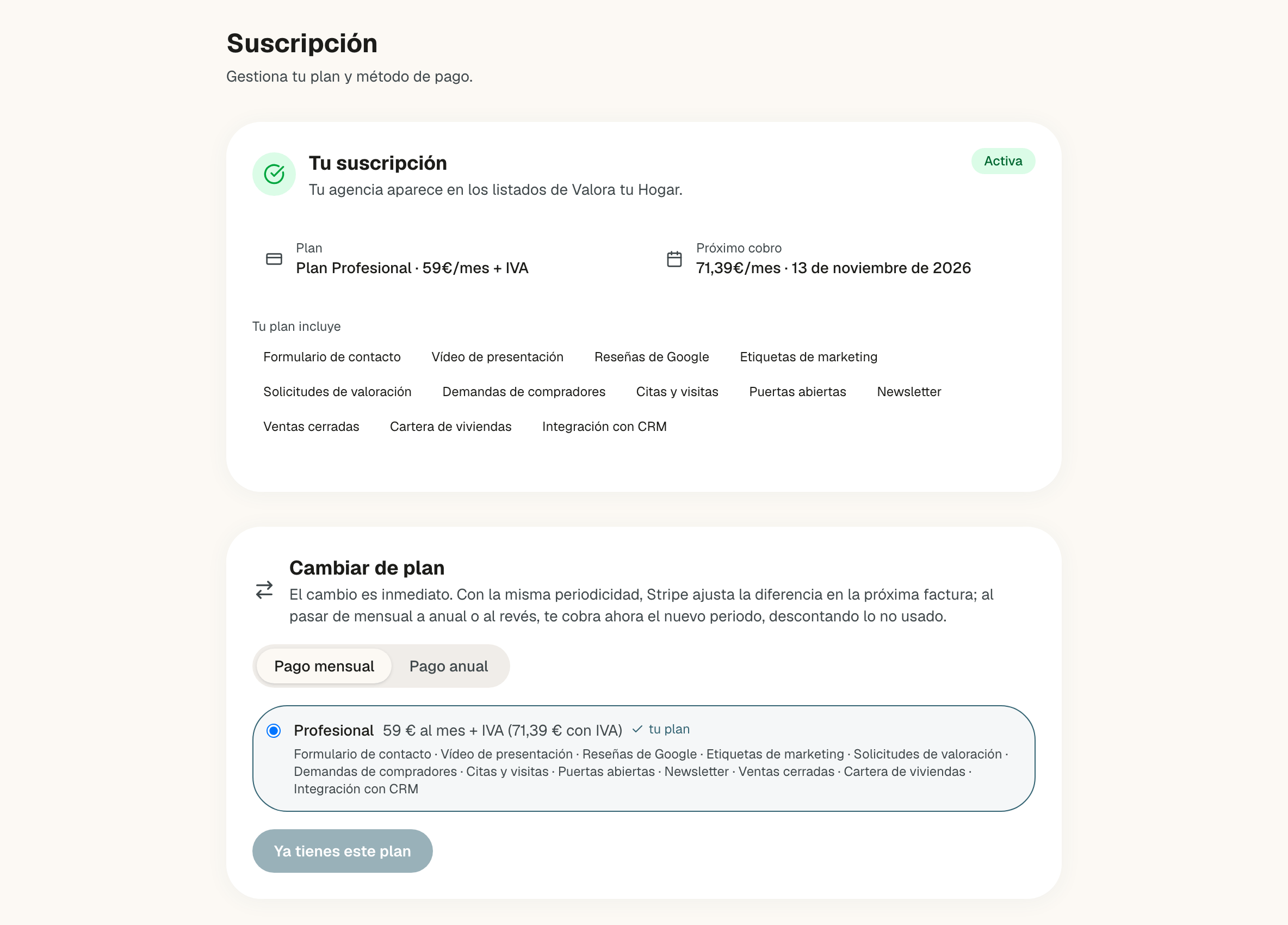 Página Suscripción con la tarjeta Tu suscripción en estado Activa, los recuadros Plan y Próximo cobro, la lista Tu plan incluye, los botones Gestionar suscripción y Refrescar suscripción, y debajo la tarjeta Cambiar de plan