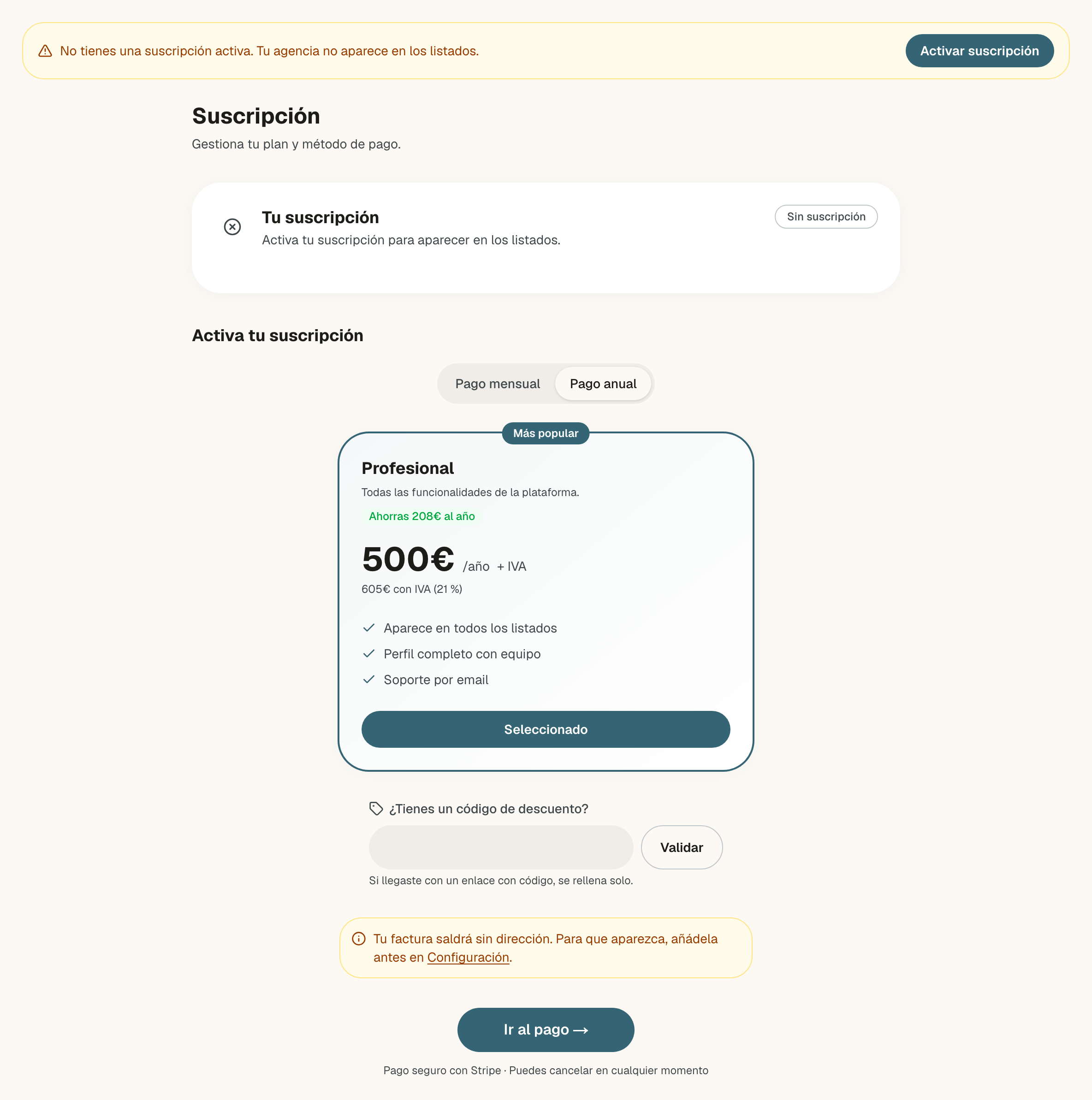 Página Suscripción de una agencia sin suscripción: el aviso ámbar con el botón Activar suscripción, la tarjeta con la etiqueta Sin suscripción y debajo Activa tu suscripción con los planes
