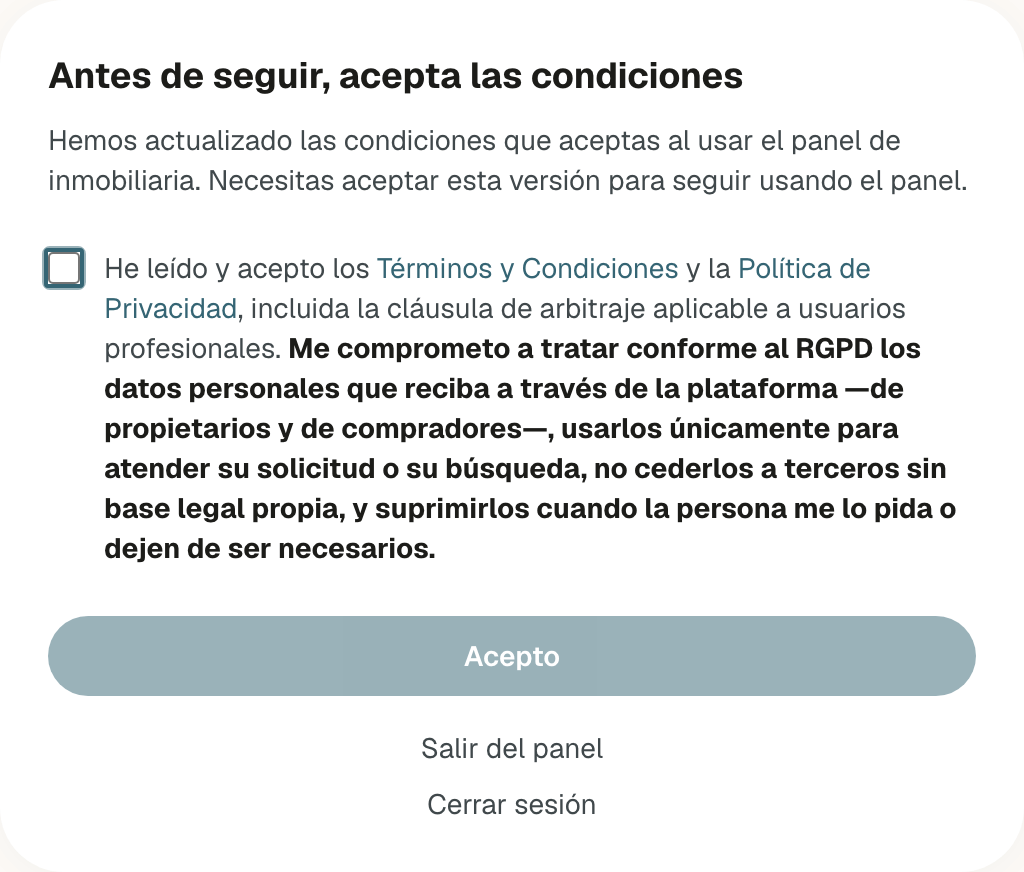 Aviso Antes de seguir, acepta las condiciones con la casilla de los Términos y la Política de Privacidad sin marcar, el botón Acepto apagado y los enlaces Salir del panel y Cerrar sesión
