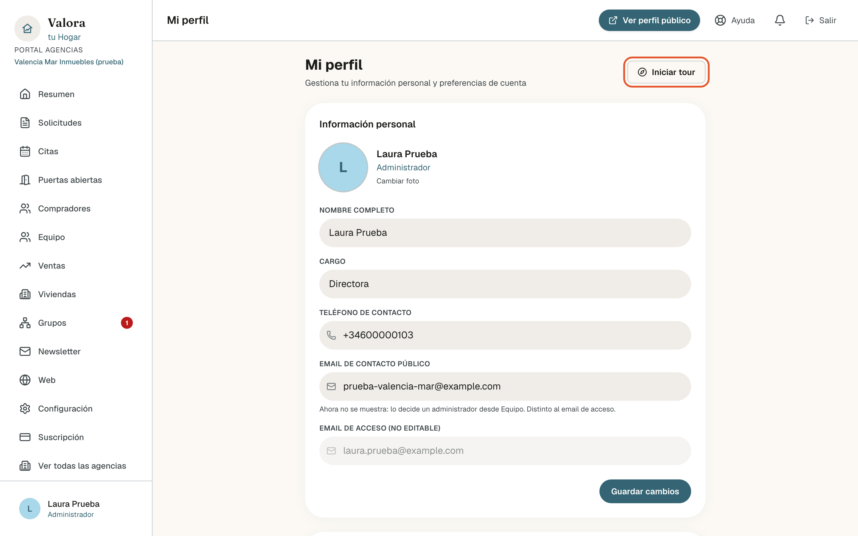 Página Mi perfil con el botón Iniciar tour recuadrado arriba a la derecha