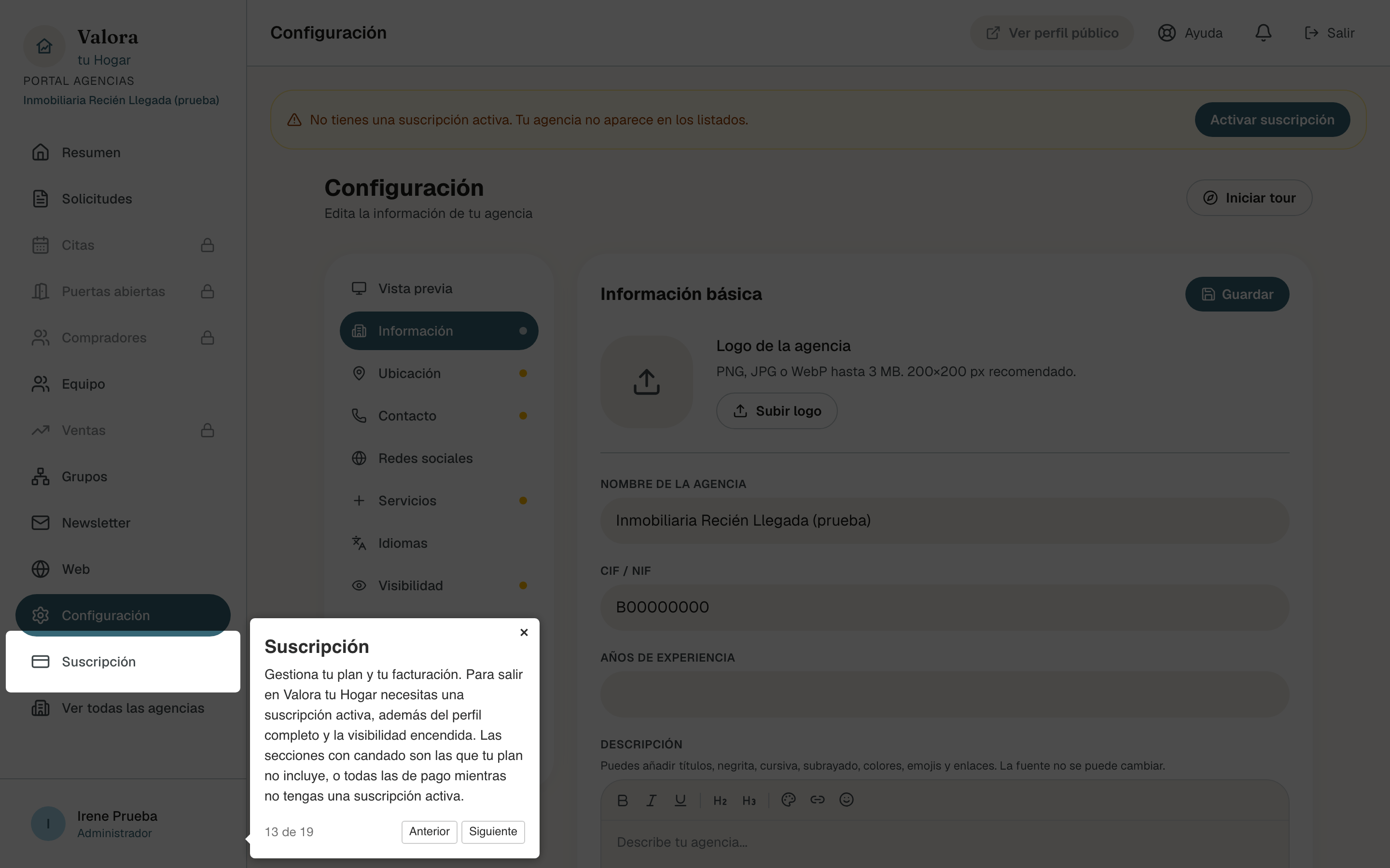 Paso Suscripción del tour, que señala esa entrada del menú y explica que para salir en Valora tu Hogar hacen falta la suscripción activa, el perfil completo y la visibilidad encendida, y qué secciones llevan candado